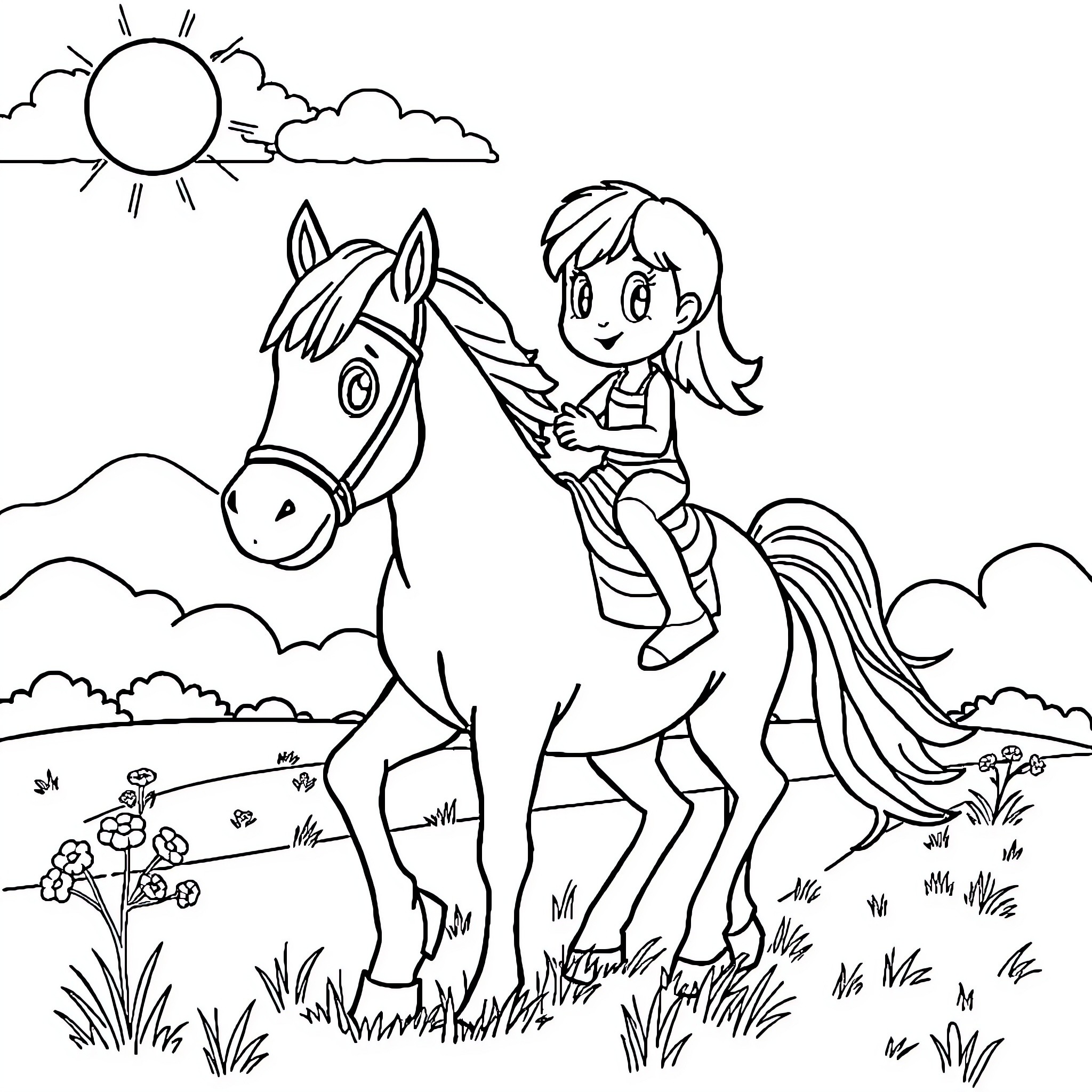 Bluey riding a horse on a sunny day Coloring Page (free black-and-white line drawing printable PDF for all, from beginners to advanced learners, including children, teens, adults, and seniors)