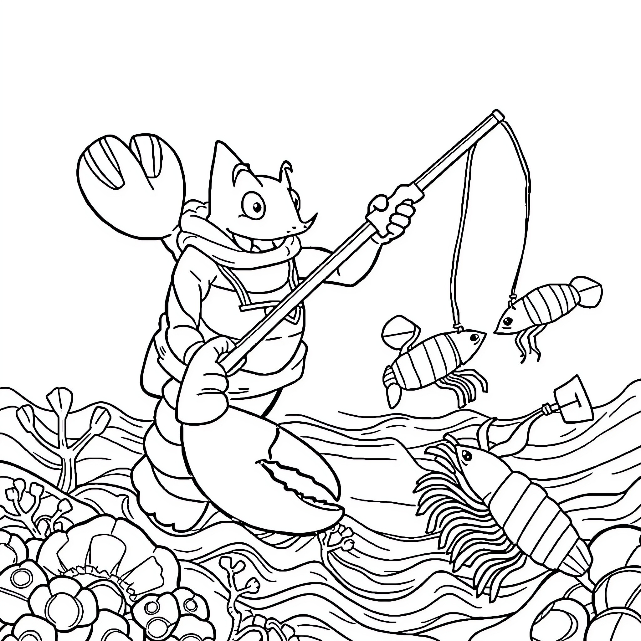 Lobster fishing adventure in the underwater world Coloring Page (free black-and-white line drawing printable PDF for all, from beginners to advanced learners, including children, teens, adults, and seniors)