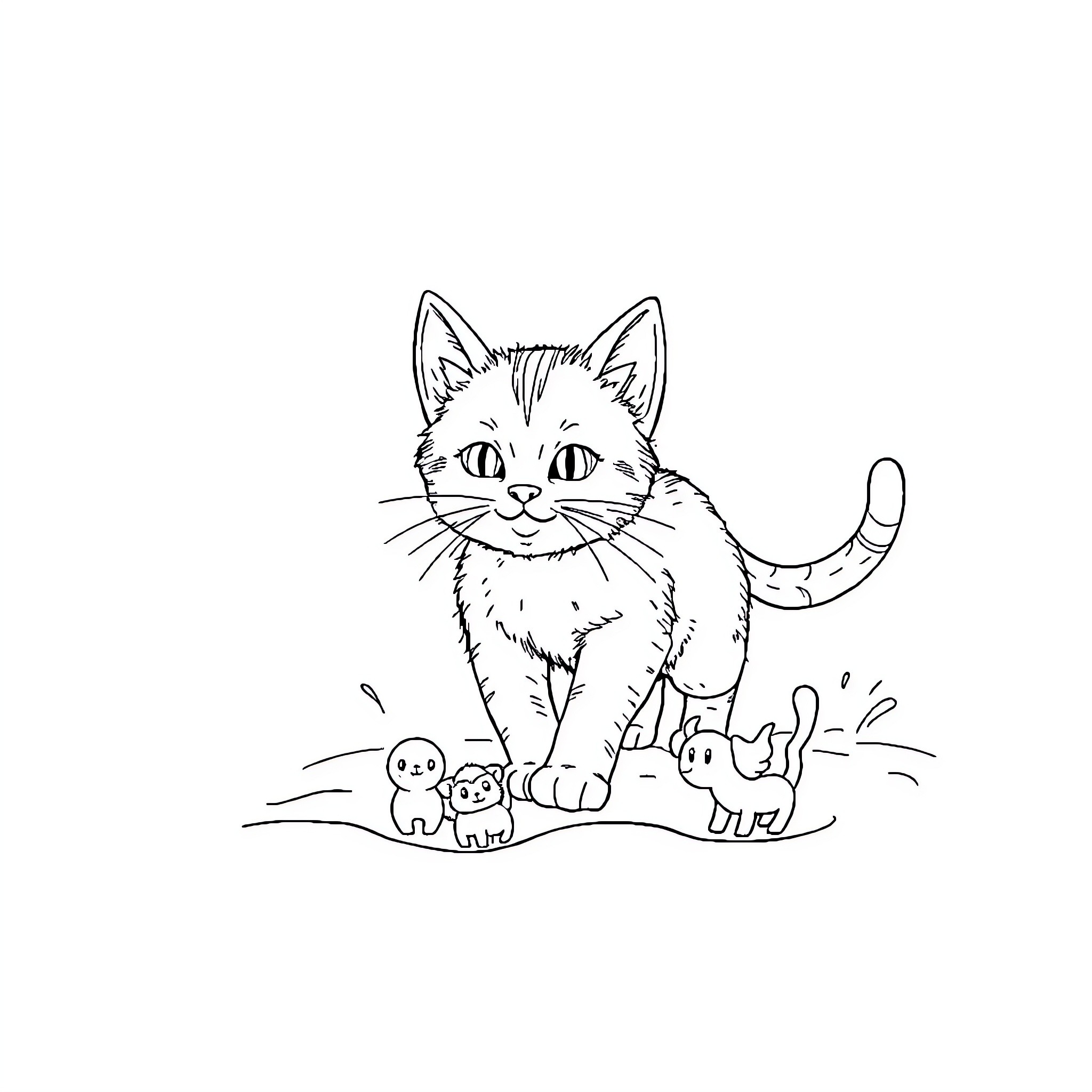 Cat exploring playful companions on the ground Coloring Page (free black-and-white line drawing printable PDF for all, from beginners to advanced learners, including children, teens, adults, and seniors)