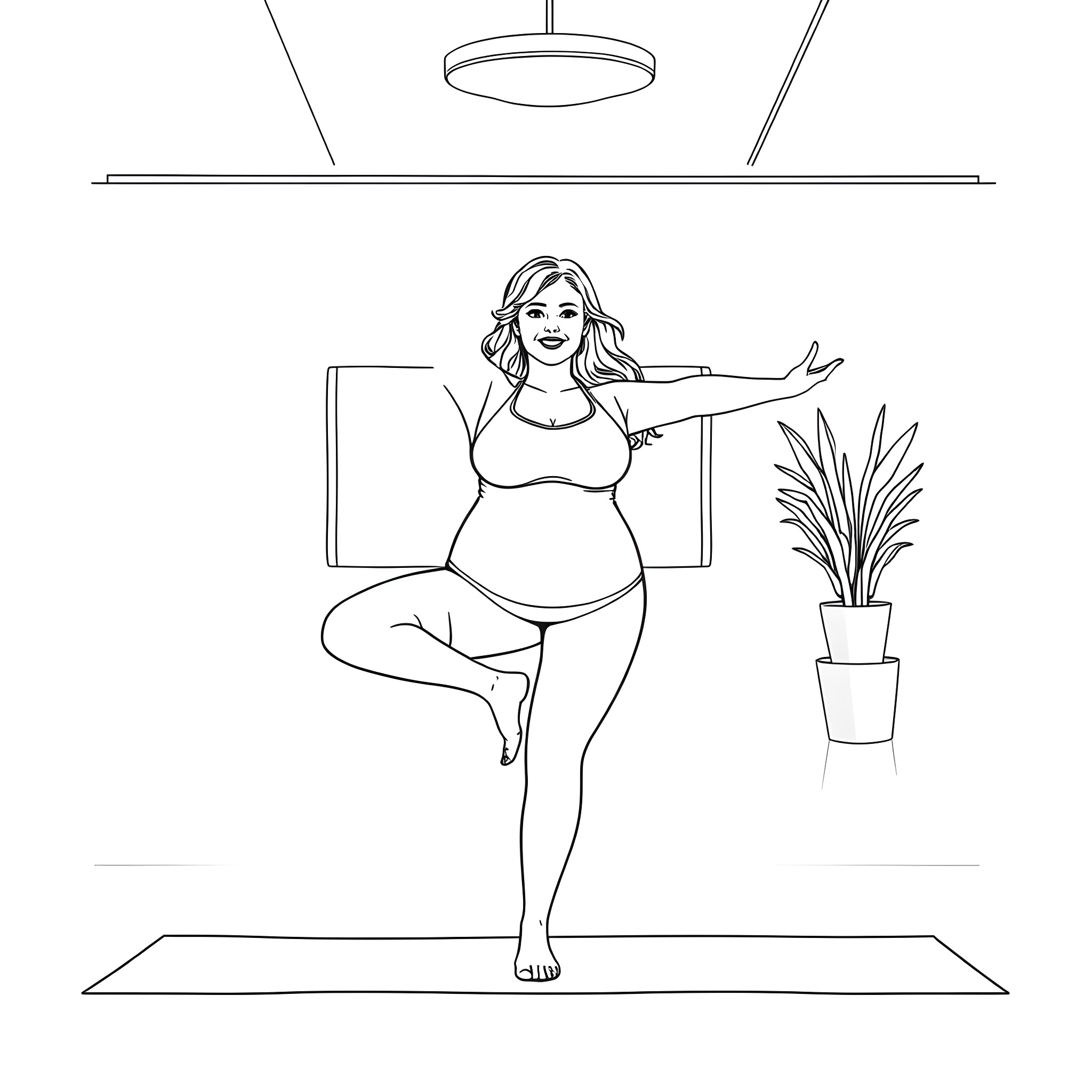 Woman practicing yoga with a smile Coloring Page (free black-and-white line drawing printable PDF for all, from beginners to advanced learners, including children, teens, adults, and seniors)