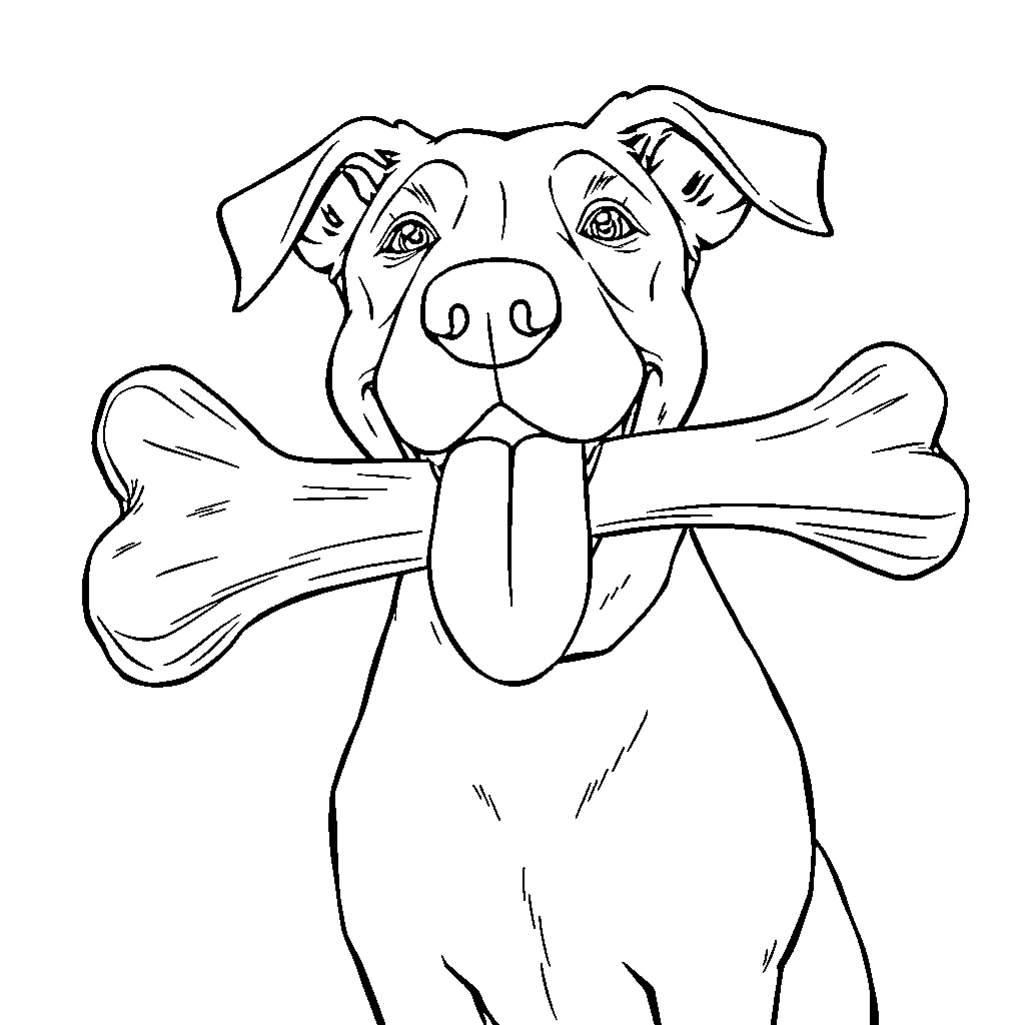 Dog chewing on a giant bone Coloring Page (free black-and-white line drawing printable PDF for all, from beginners to advanced learners, including children, teens, adults, and seniors)
