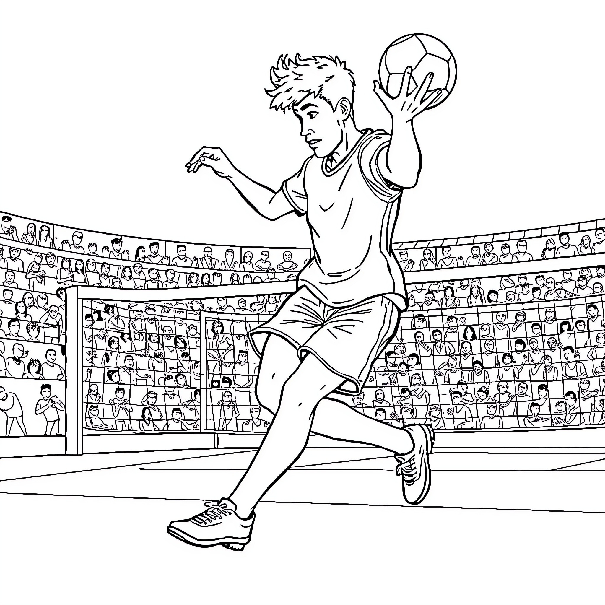 Persona of a Basketball Player in Action Coloring Page (free black-and-white line drawing printable PDF for all, from beginners to advanced learners, including children, teens, adults, and seniors)