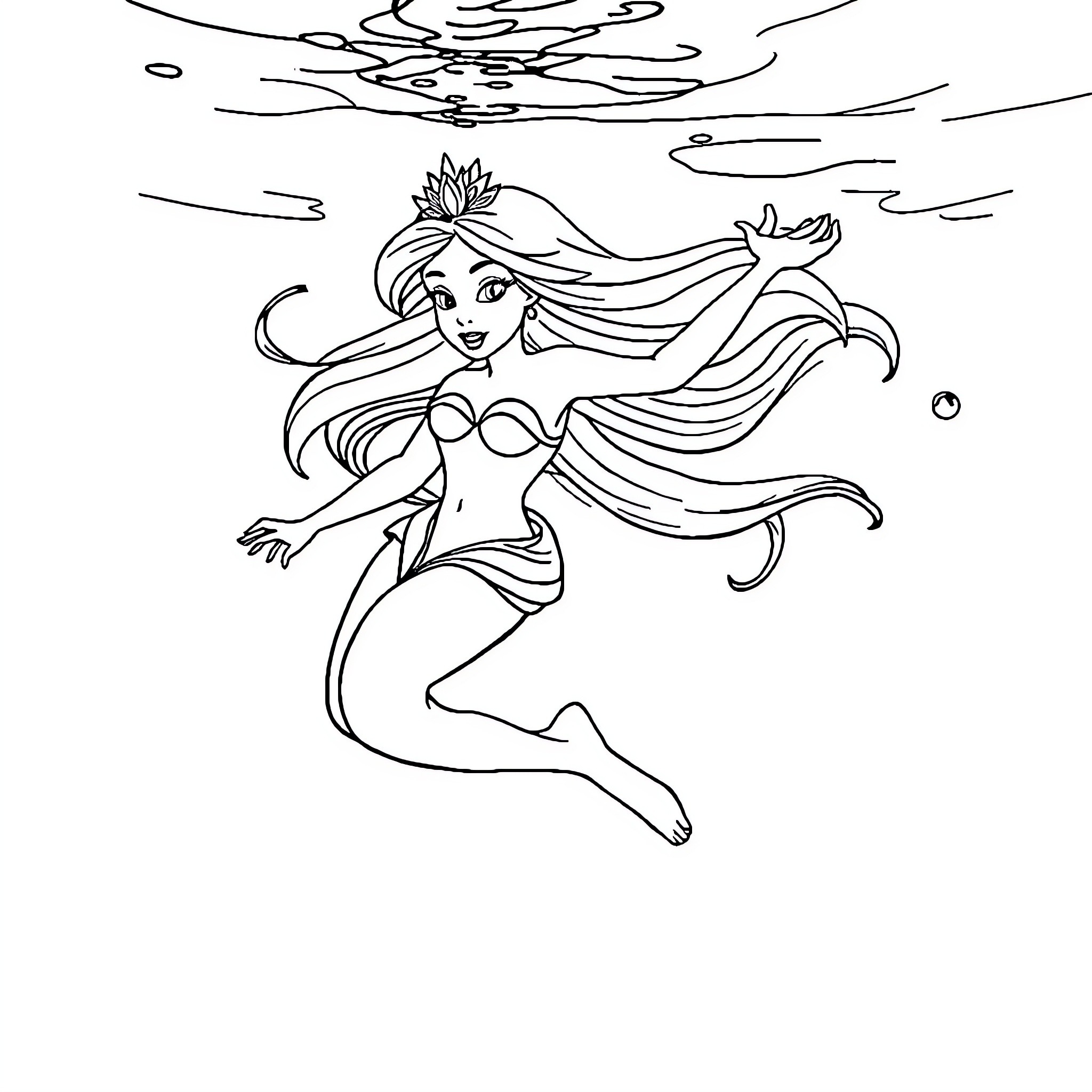 Princess Mermaid Gracefully Swimming in the Sea Coloring Page (free black-and-white line drawing printable PDF for all, from beginners to advanced learners, including children, teens, adults, and seniors)