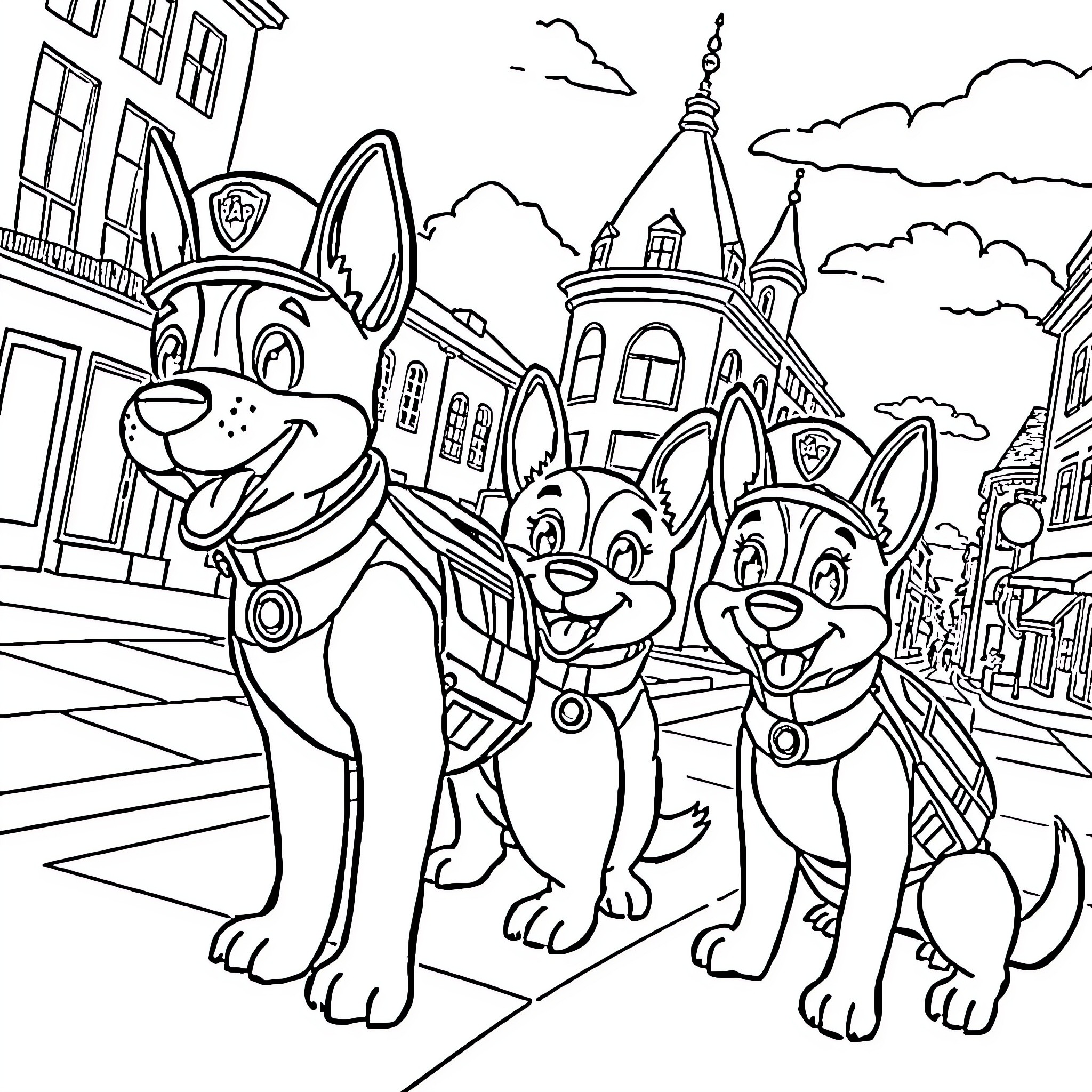 Paw Patrol characters in an adventure scene Coloring Page (free black-and-white line drawing printable PDF for all, from beginners to advanced learners, including children, teens, adults, and seniors)