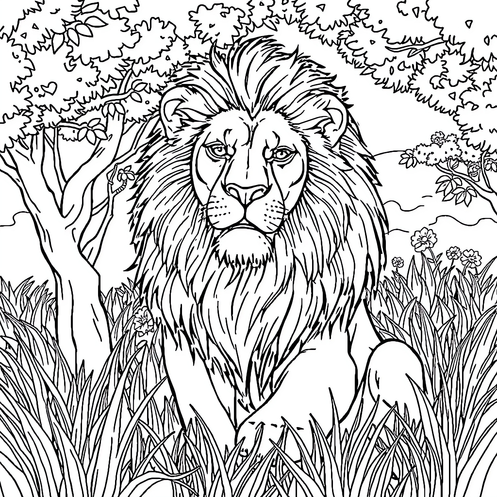 Lion resting in the lush forest Coloring Page (free black-and-white line drawing printable PDF for all, from beginners to advanced learners, including children, teens, adults, and seniors)