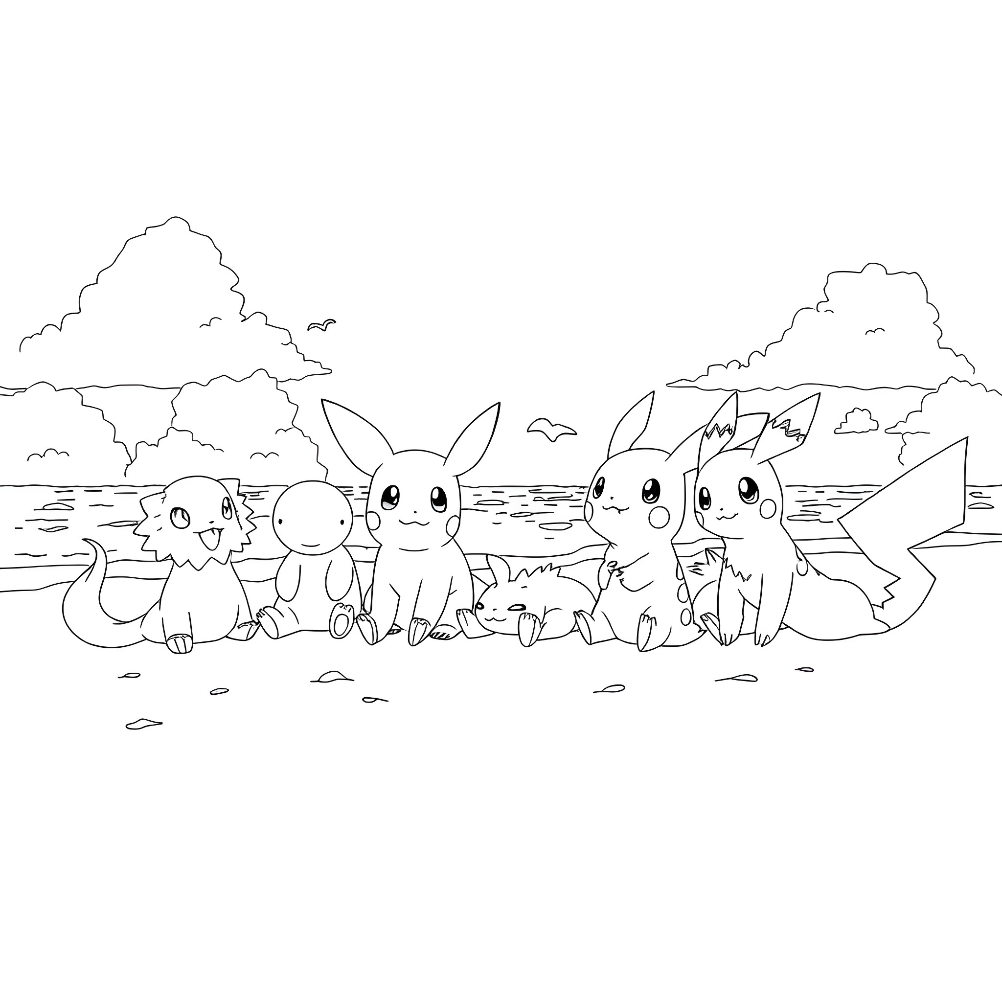 Pokémon characters in a scenic outdoor setting Coloring Page (free black-and-white line drawing printable PDF for all, from beginners to advanced learners, including children, teens, adults, and seniors)