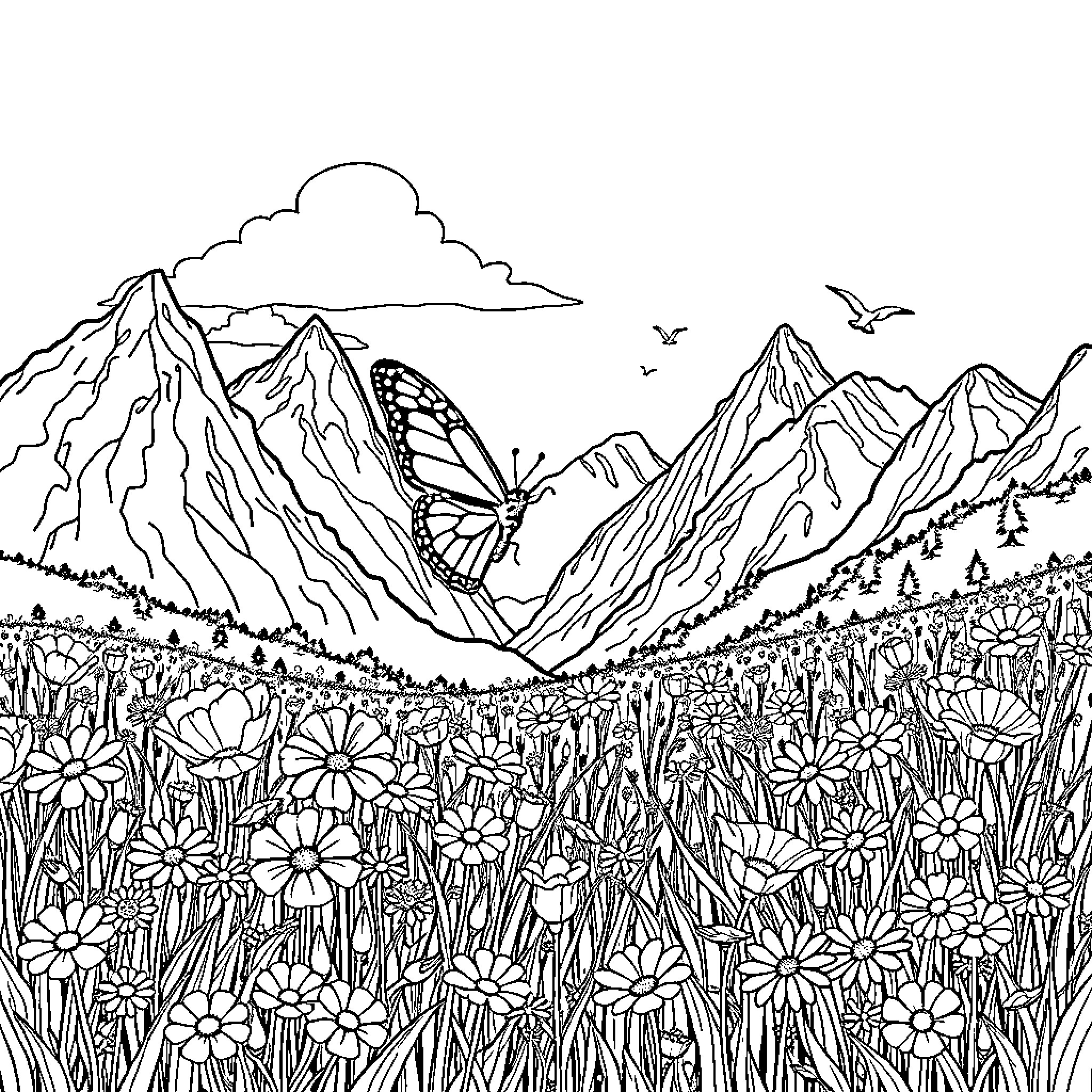 Butterfly soaring over the mountainous meadow Coloring Page (free black-and-white line drawing printable PDF for all, from beginners to advanced learners, including children, teens, adults, and seniors)