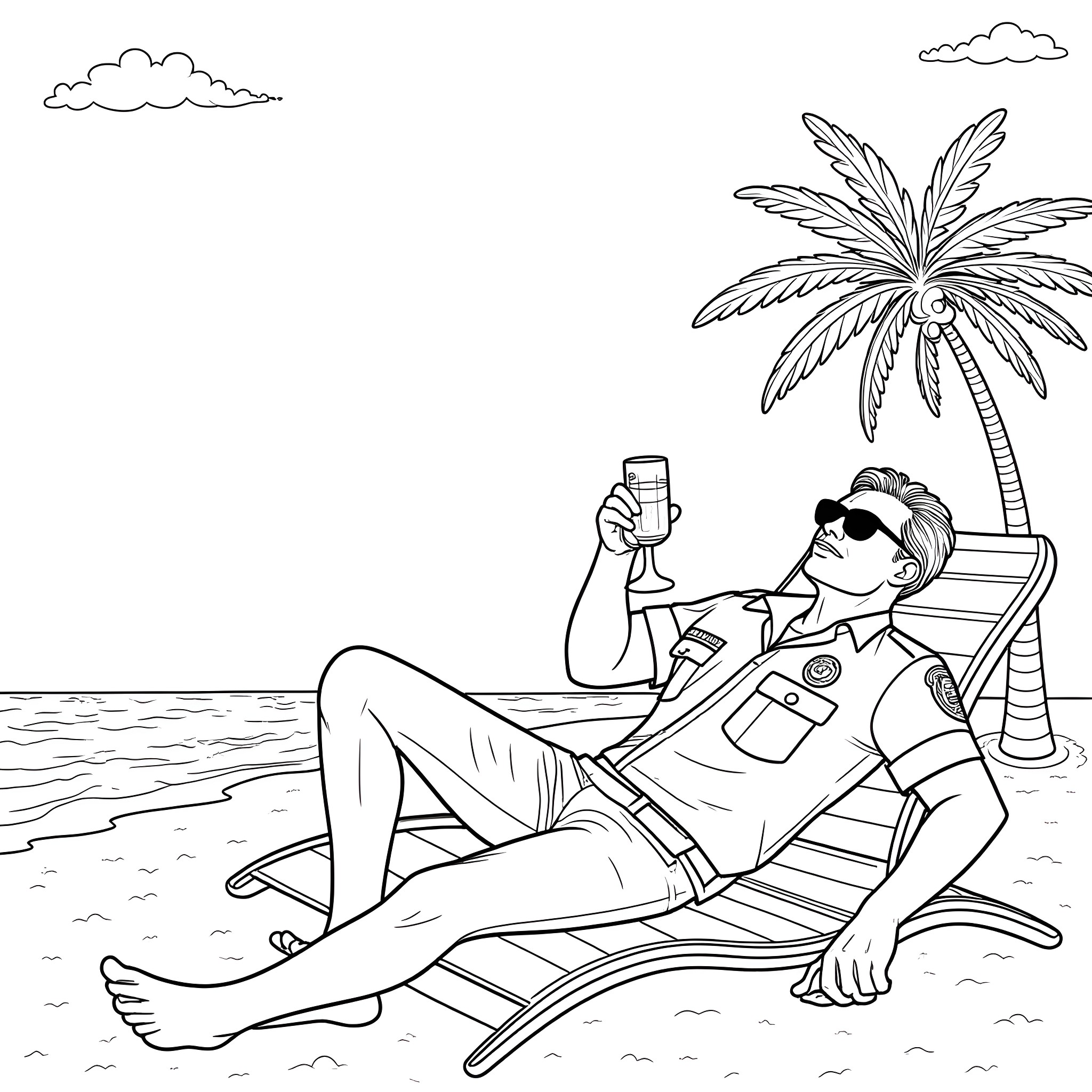 Policeman relaxing on the beach with a drink Coloring Page (free black-and-white line drawing printable PDF for all, from beginners to advanced learners, including children, teens, adults, and seniors)