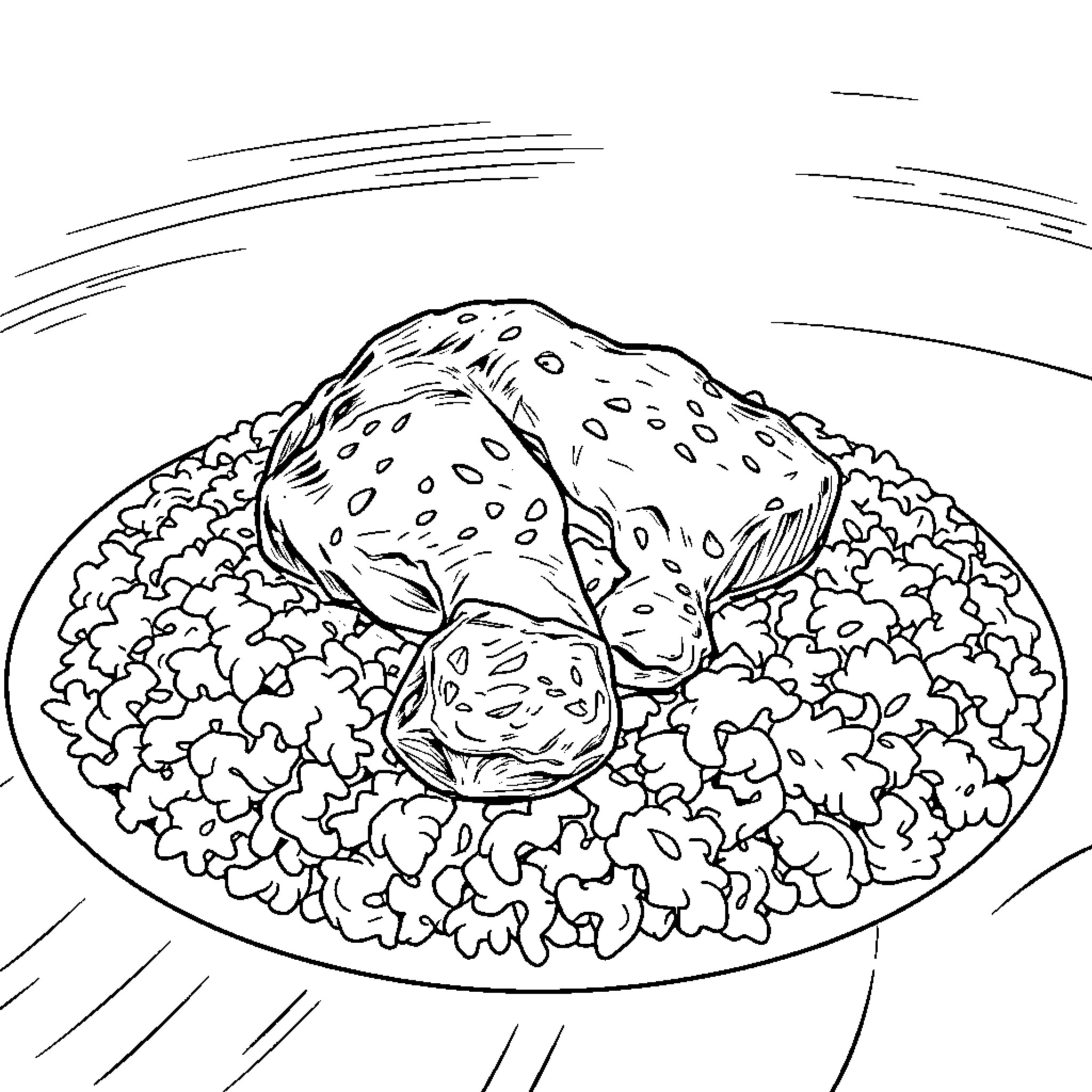 Lamb resting peacefully on a bed of leaves Coloring Page (free black-and-white line drawing printable PDF for all, from beginners to advanced learners, including children, teens, adults, and seniors)