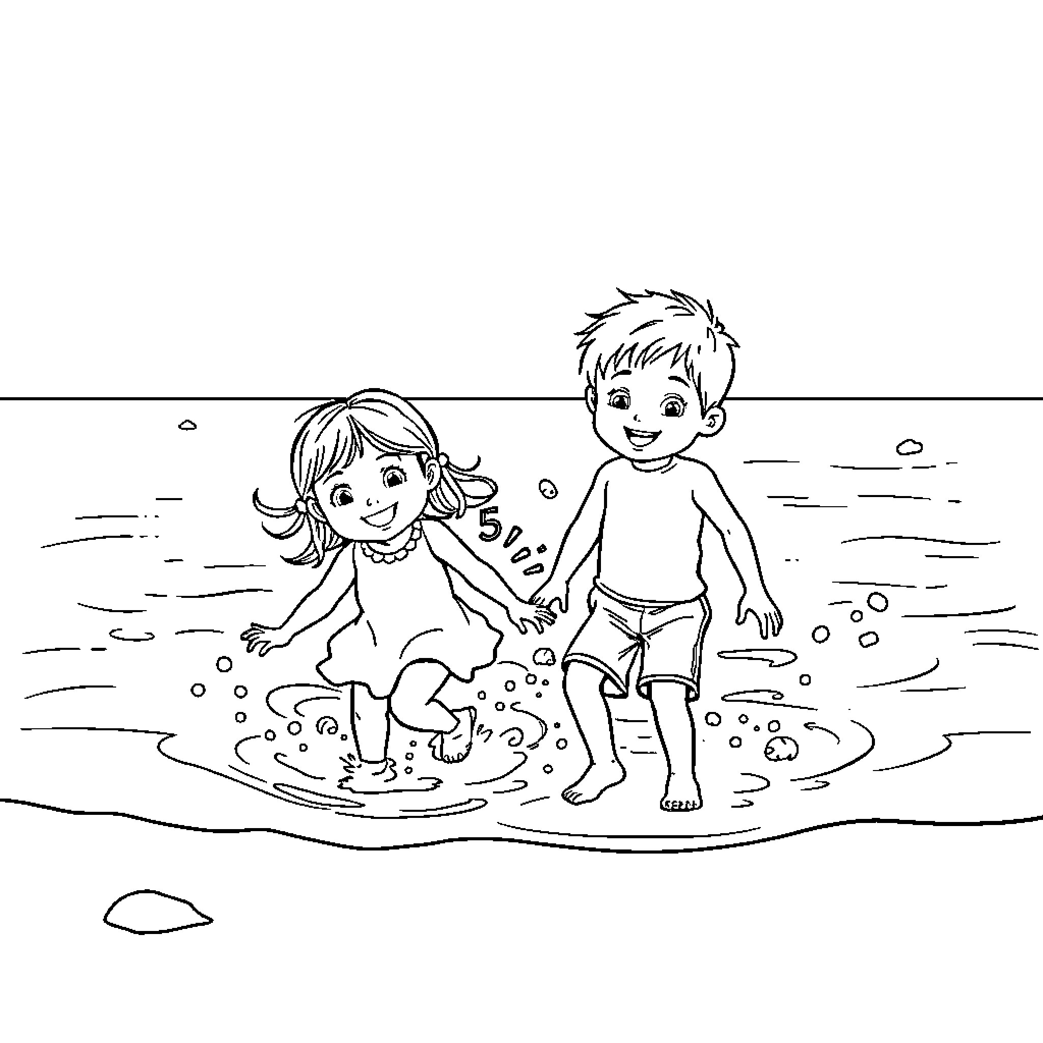 Child playing joyfully in the waves Coloring Page (free black-and-white line drawing printable PDF for all, from beginners to advanced learners, including children, teens, adults, and seniors)