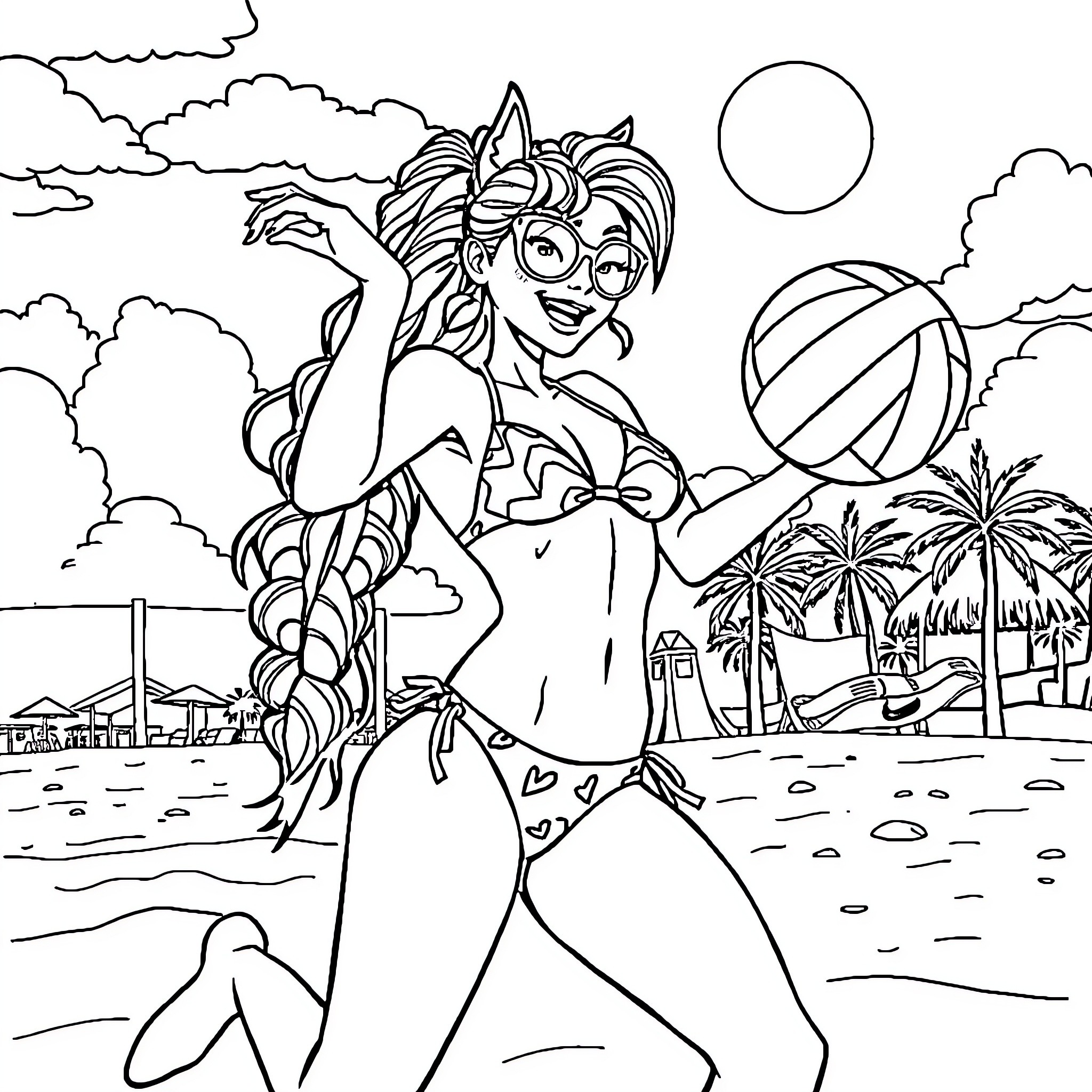 Jinx's beach party with playful attitude Coloring Page (free black-and-white line drawing printable PDF for all, from beginners to advanced learners, including children, teens, adults, and seniors)