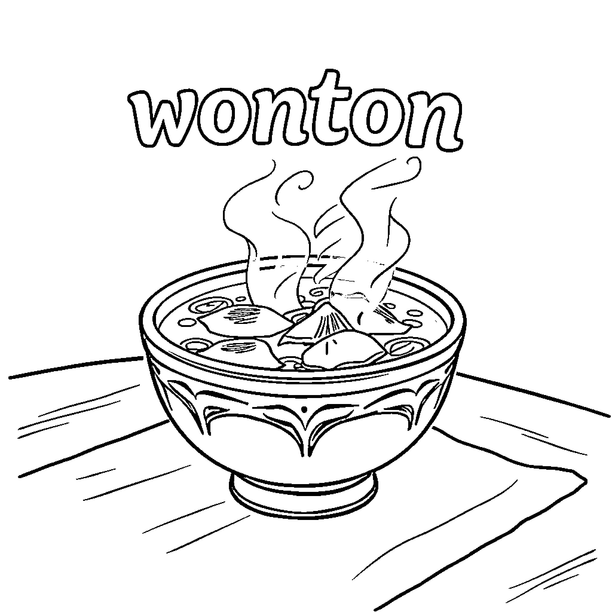 Wonton Soup Served Steaming Hot Coloring Page (free black-and-white line drawing printable PDF for all, from beginners to advanced learners, including children, teens, adults, and seniors)