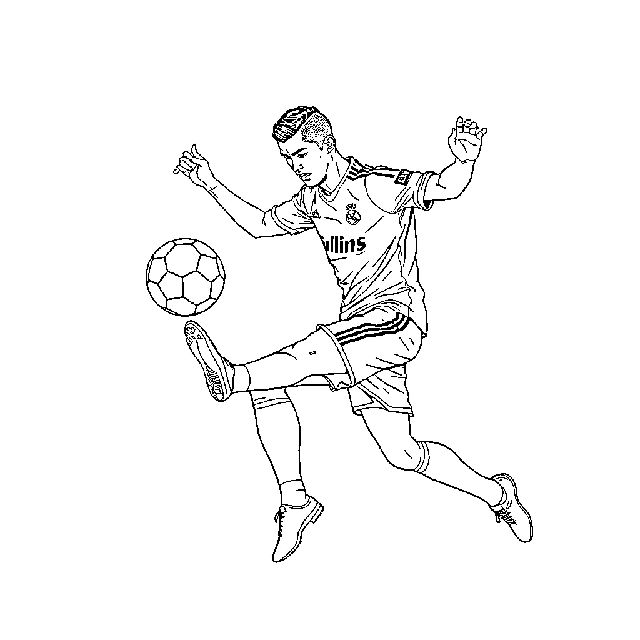 Cristiano Ronaldo Kicking Soccer Ball in Action Coloring Page (free black-and-white line drawing printable PDF for all, from beginners to advanced learners, including children, teens, adults, and seniors)