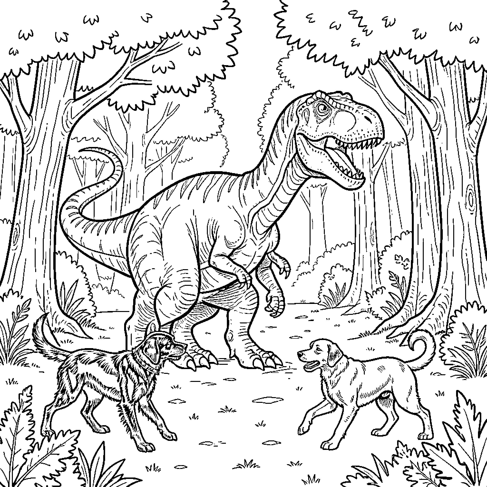 Dinosaur roaming through a dense forest with dogs Coloring Page (free black-and-white line drawing printable PDF for all, from beginners to advanced learners, including children, teens, adults, and seniors)