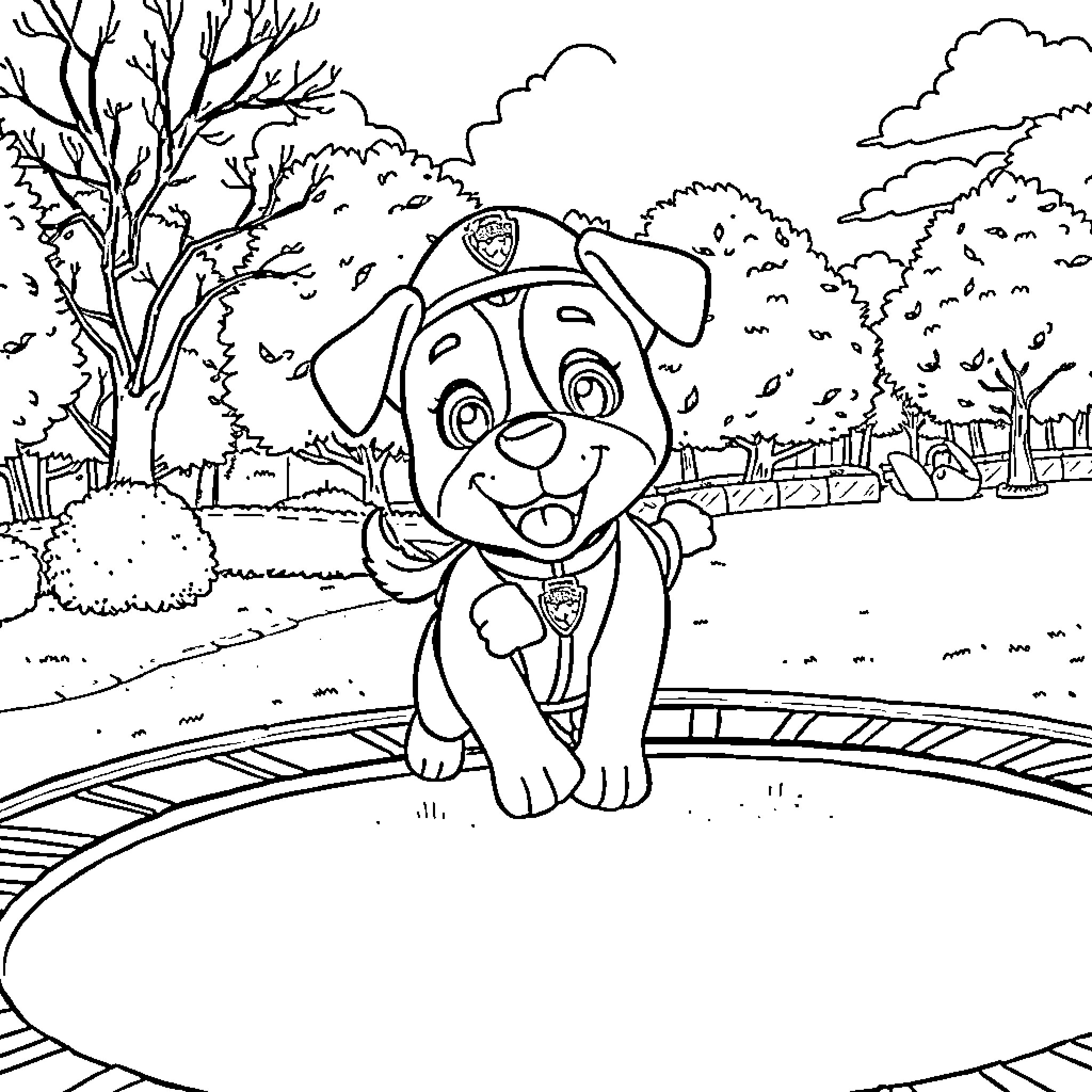 Marshall Puppy Playing in Grassy Park Coloring Page (free black-and-white line drawing printable PDF for all, from beginners to advanced learners, including children, teens, adults, and seniors)