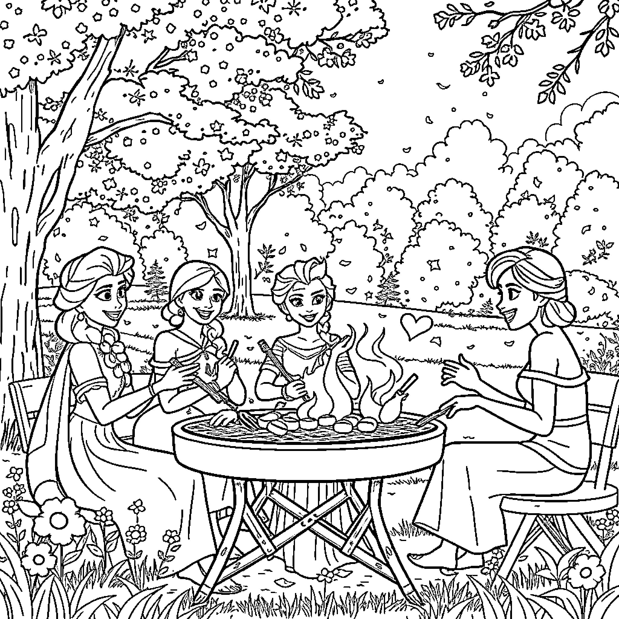 Elsa and her friends enjoying a cozy outdoor gathering Coloring Page (free black-and-white line drawing printable PDF for all, from beginners to advanced learners, including children, teens, adults, and seniors)