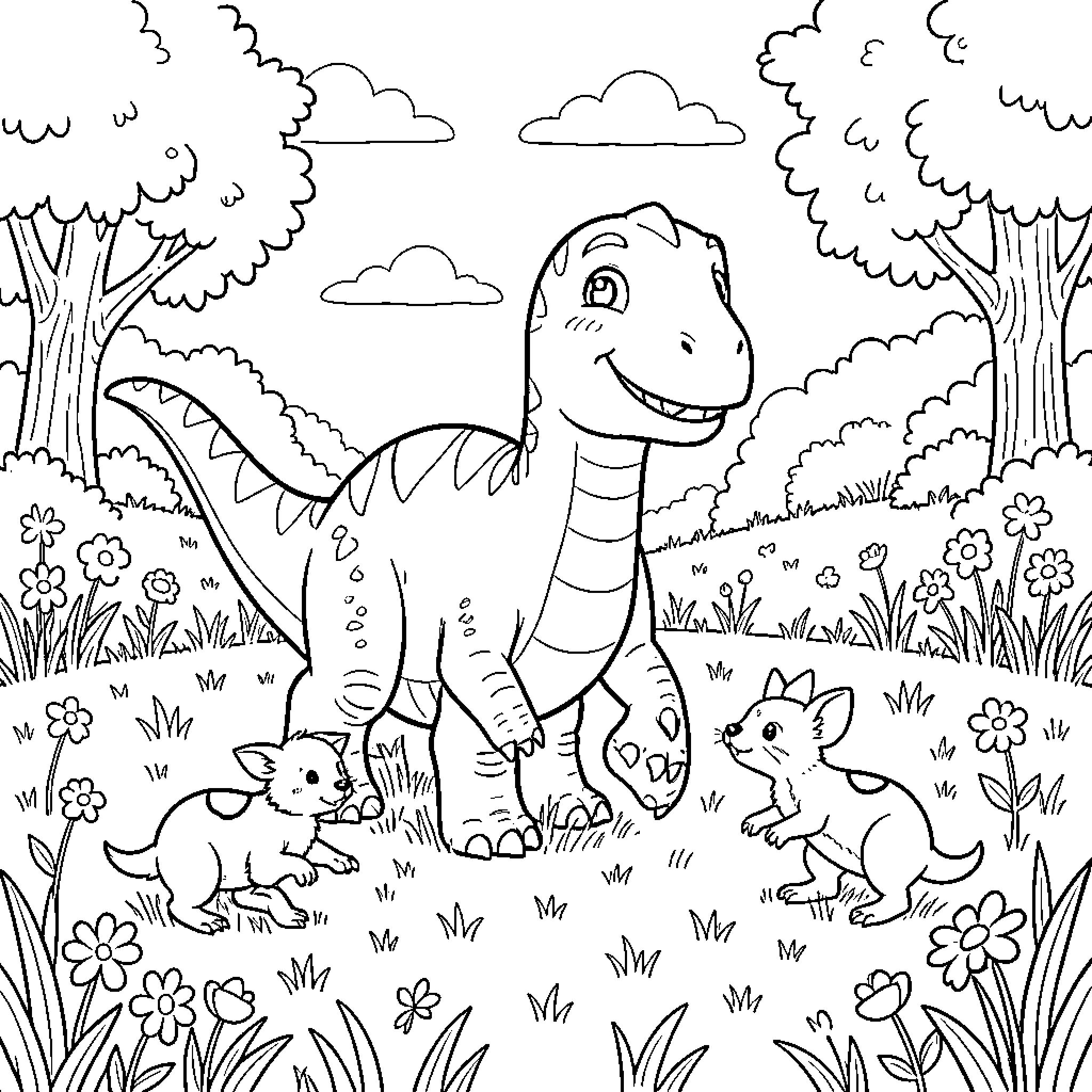 Dinosaur walking happily among small animals in a meadow Coloring Page (free black-and-white line drawing printable PDF for all, from beginners to advanced learners, including children, teens, adults, and seniors)