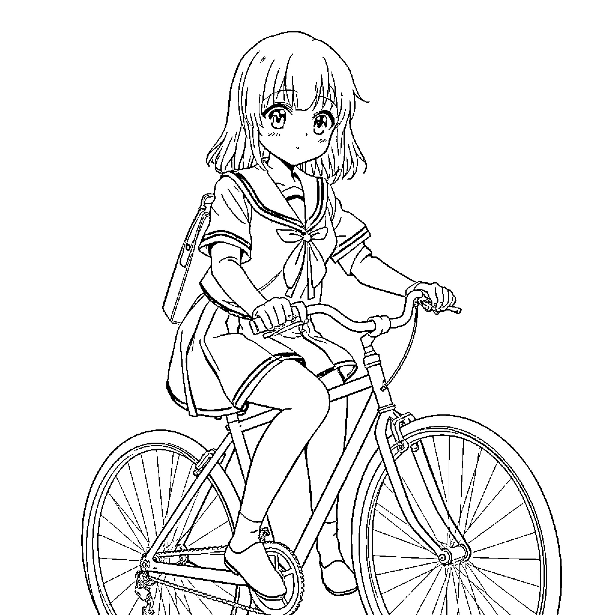 Anime Girl Riding a Bicycle Joyfully Coloring Page (free black-and-white line drawing printable PDF for all, from beginners to advanced learners, including children, teens, adults, and seniors)