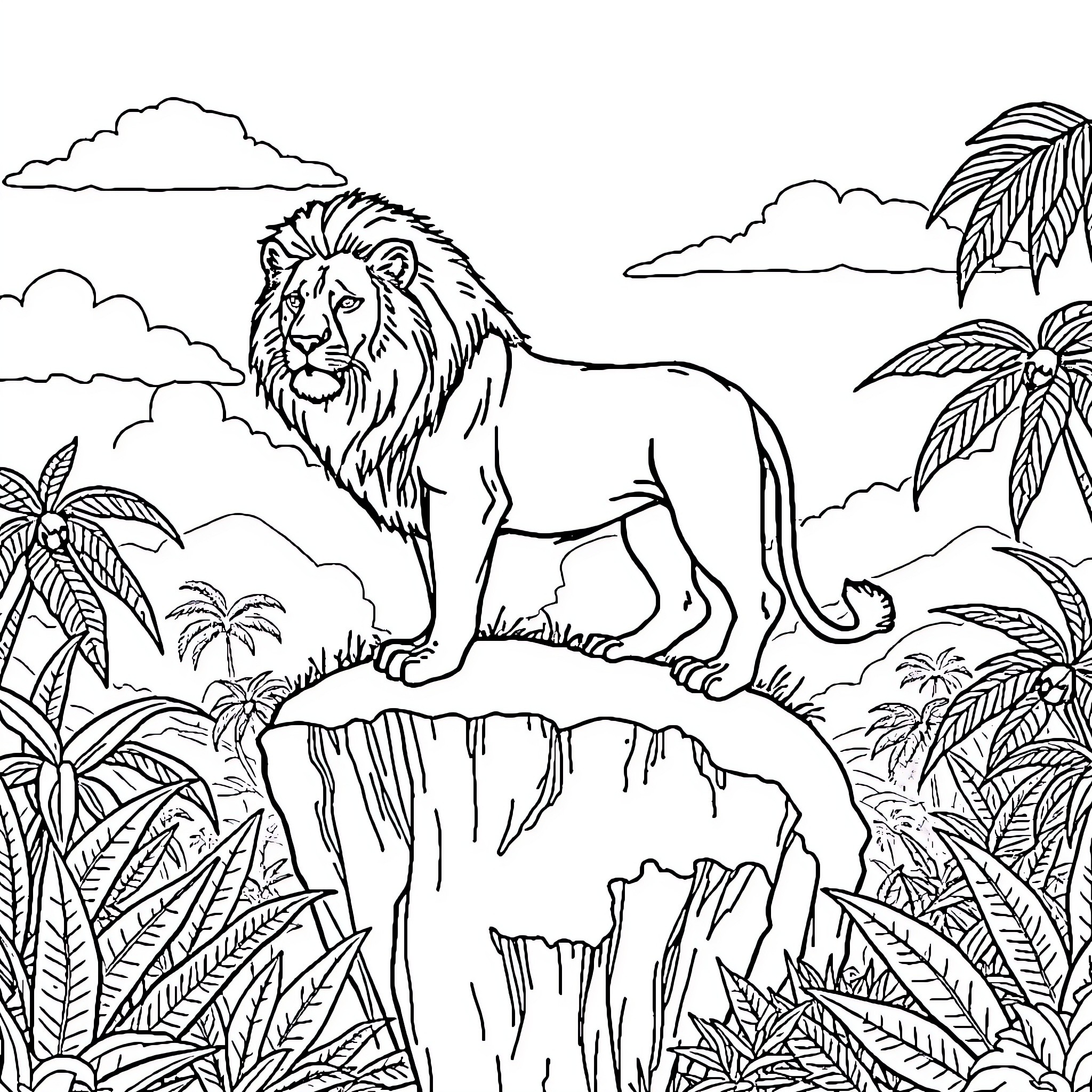 Lion roaring in the tropical jungle Coloring Page (free black-and-white line drawing printable PDF for all, from beginners to advanced learners, including children, teens, adults, and seniors)