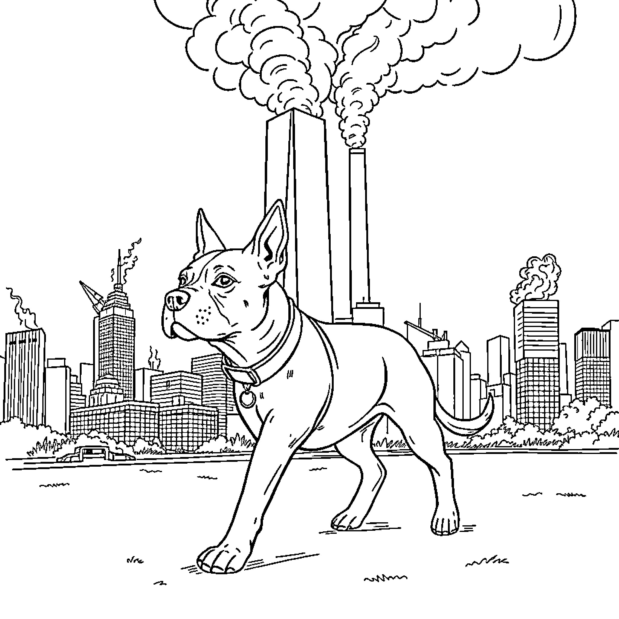 Dog exploring the urban cityscape Coloring Page (free black-and-white line drawing printable PDF for all, from beginners to advanced learners, including children, teens, adults, and seniors)