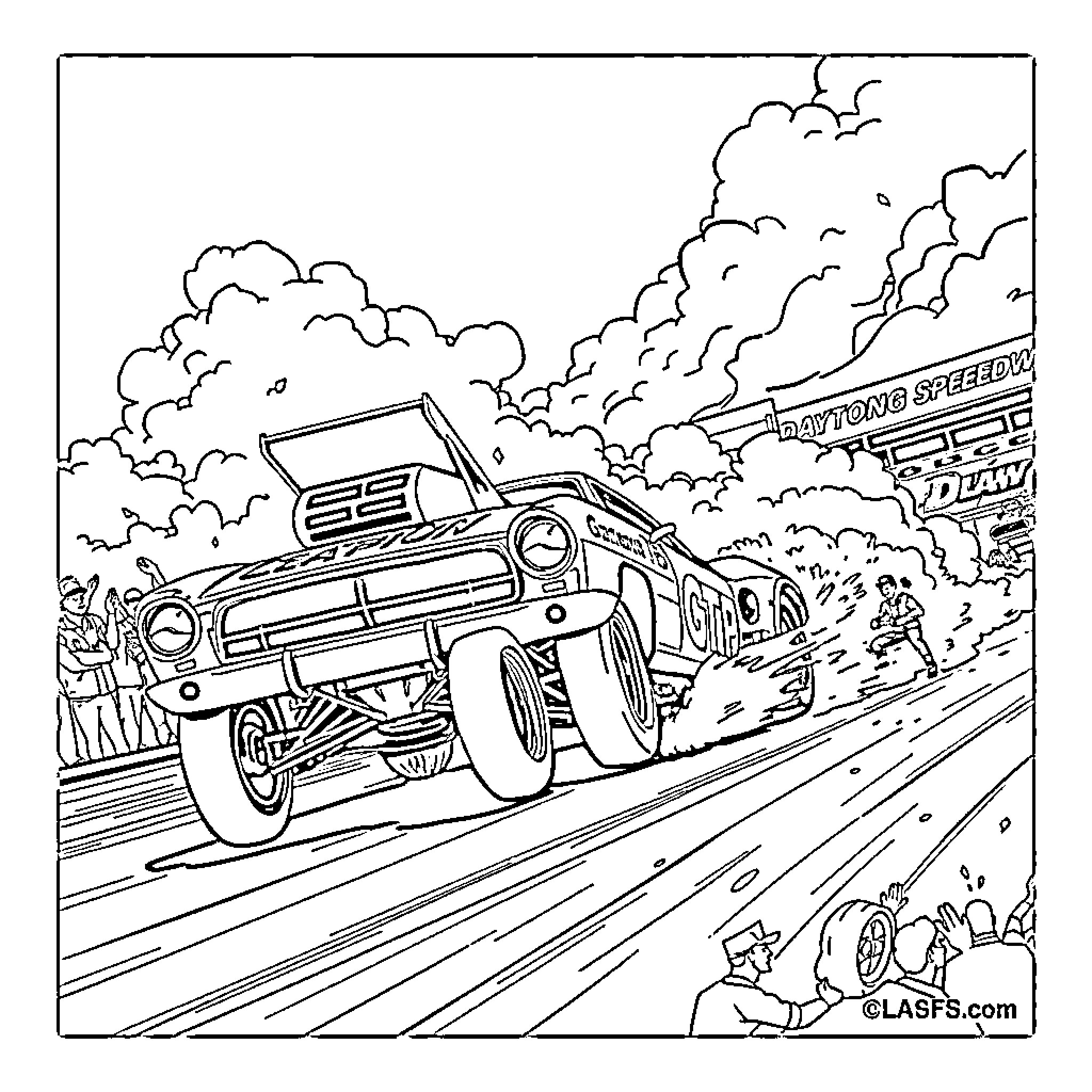 GTP Racecar Speeding Down Track with Crowds Coloring Page (free black-and-white line drawing printable PDF for all, from beginners to advanced learners, including children, teens, adults, and seniors)