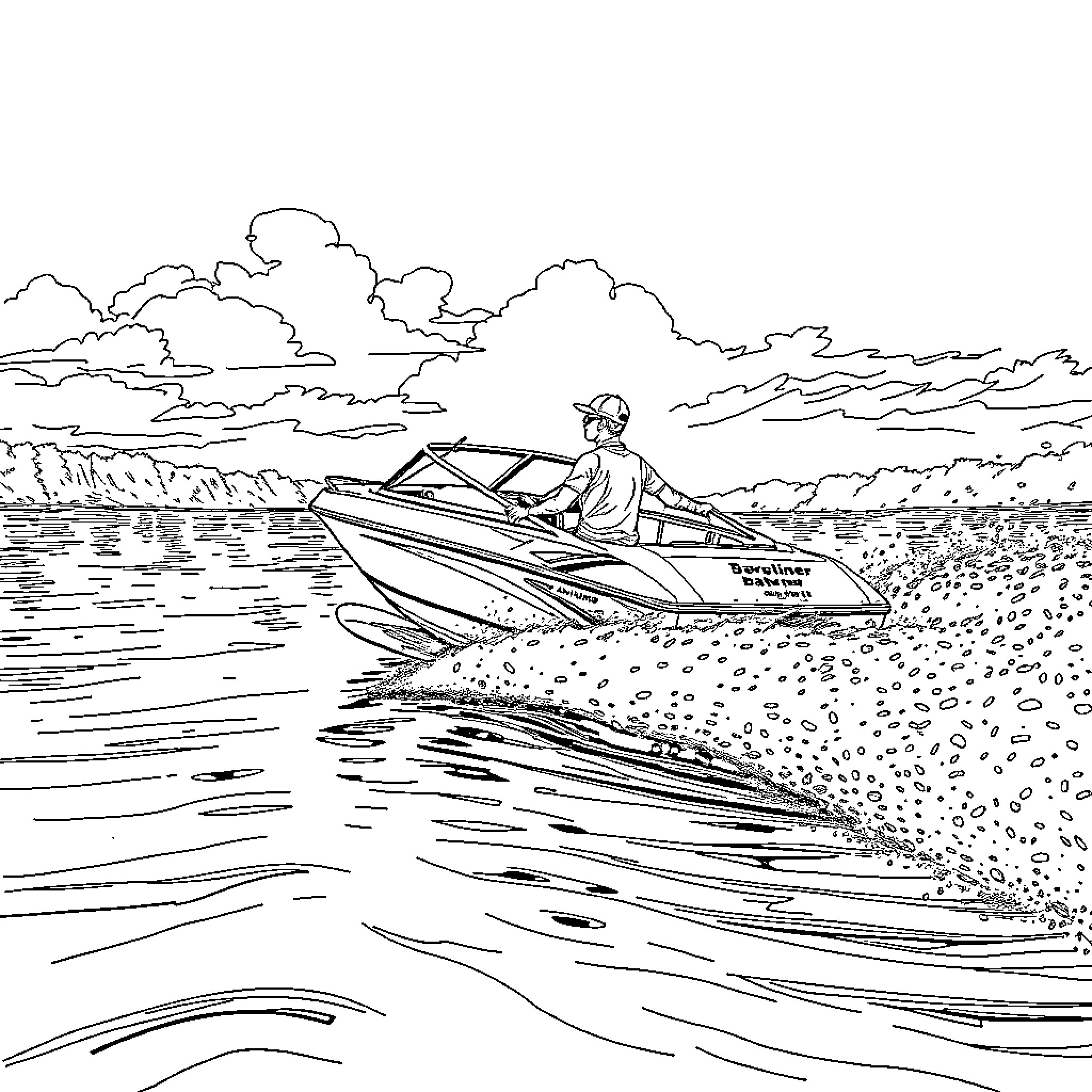 Lotr character rides on a speedboat across the lake Coloring Page (free black-and-white line drawing printable PDF for all, from beginners to advanced learners, including children, teens, adults, and seniors)