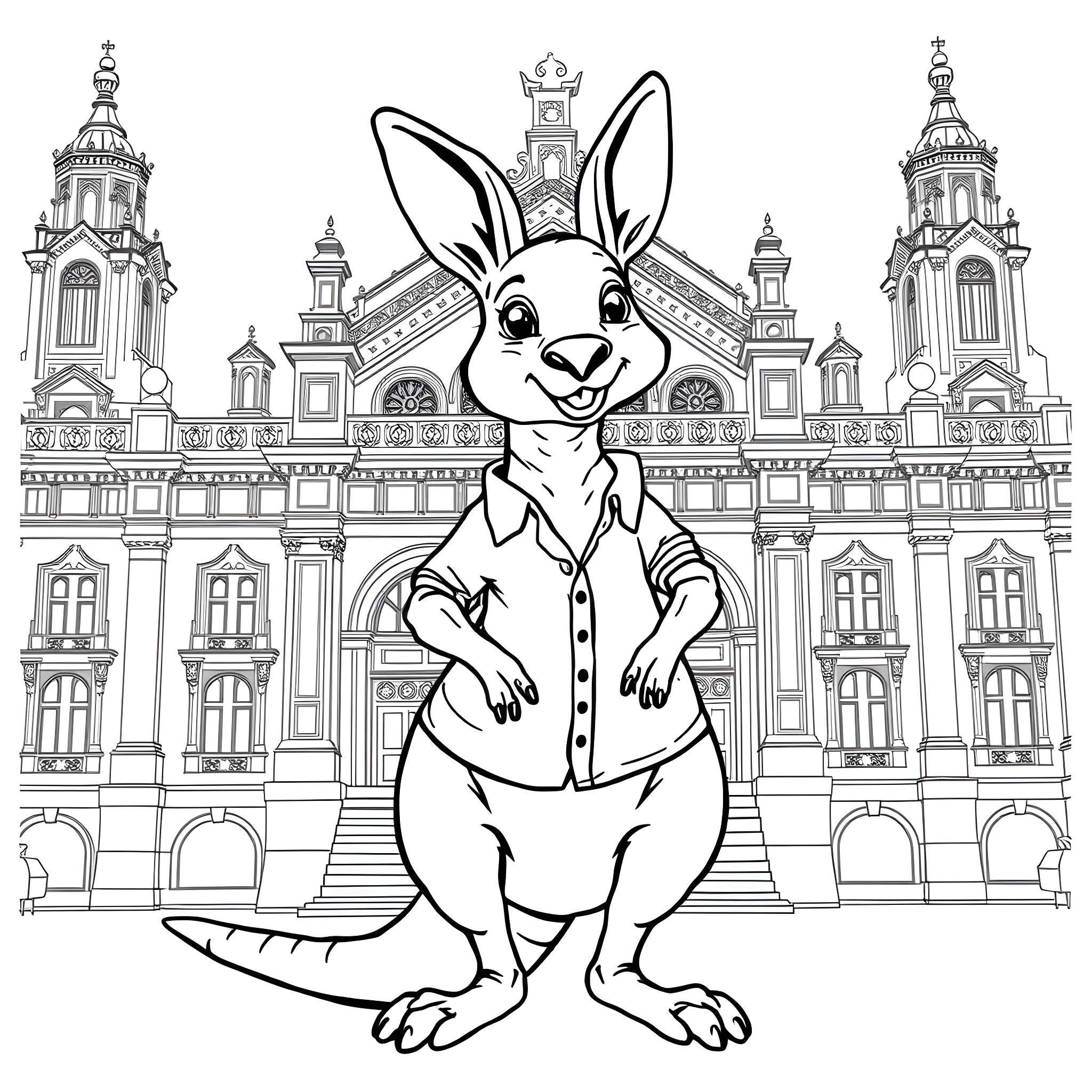 Kangaroo in front of an ornate city building Coloring Page (free black-and-white line drawing printable PDF for all, from beginners to advanced learners, including children, teens, adults, and seniors)