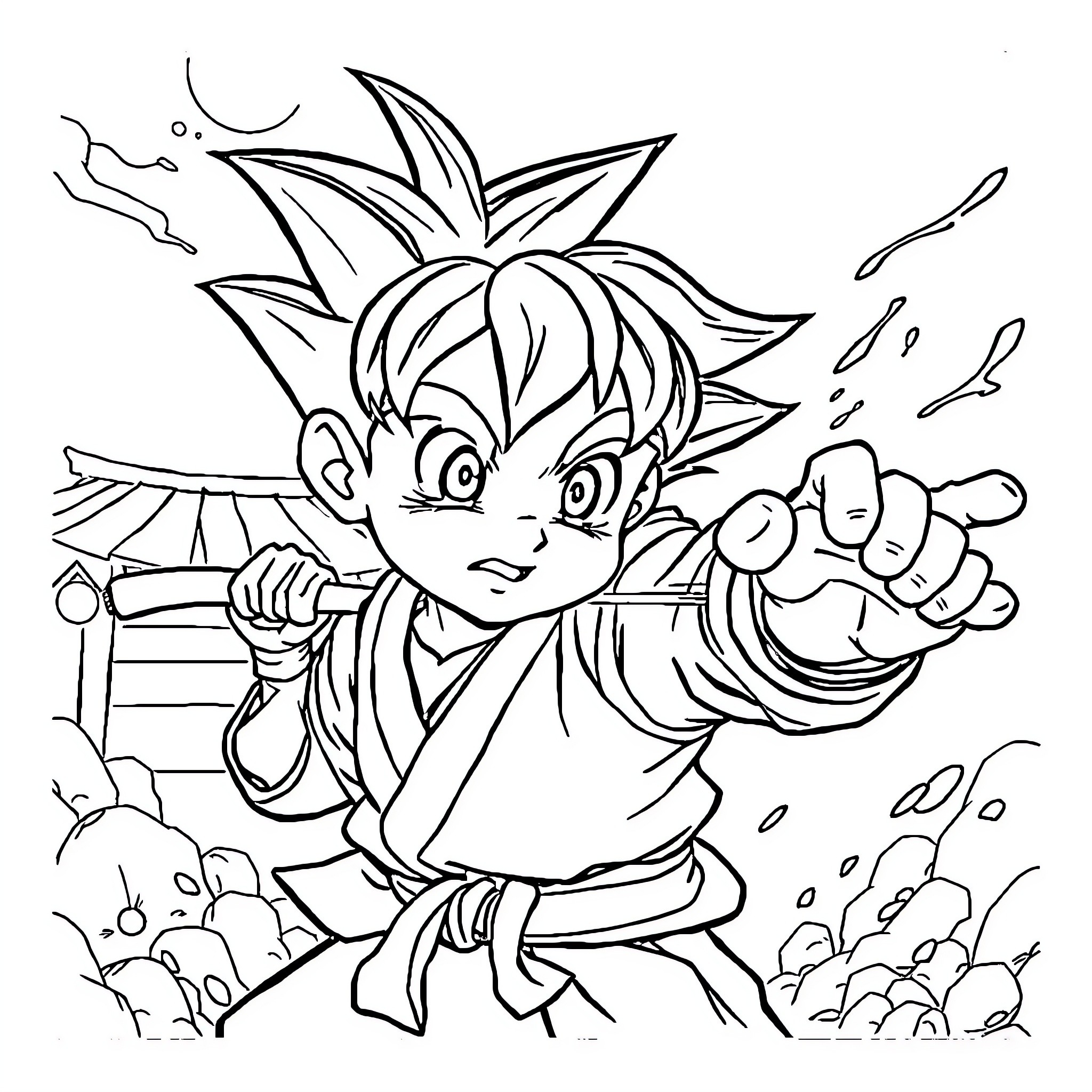 Garçon in an energetic martial arts stance Coloring Page (free black-and-white line drawing printable PDF for all, from beginners to advanced learners, including children, teens, adults, and seniors)
