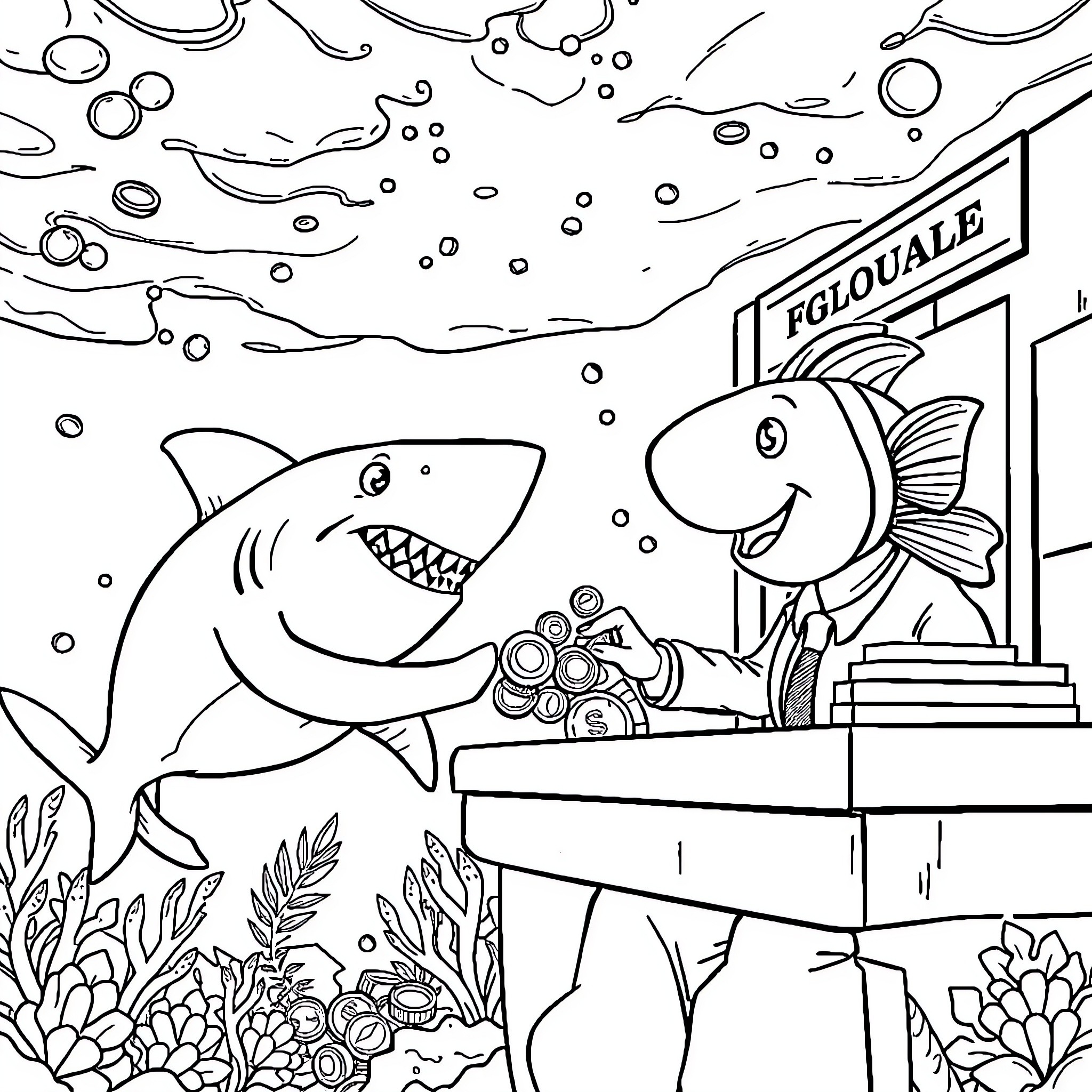 Shark helping fish at the aquarium counter Coloring Page (free black-and-white line drawing printable PDF for all, from beginners to advanced learners, including children, teens, adults, and seniors)