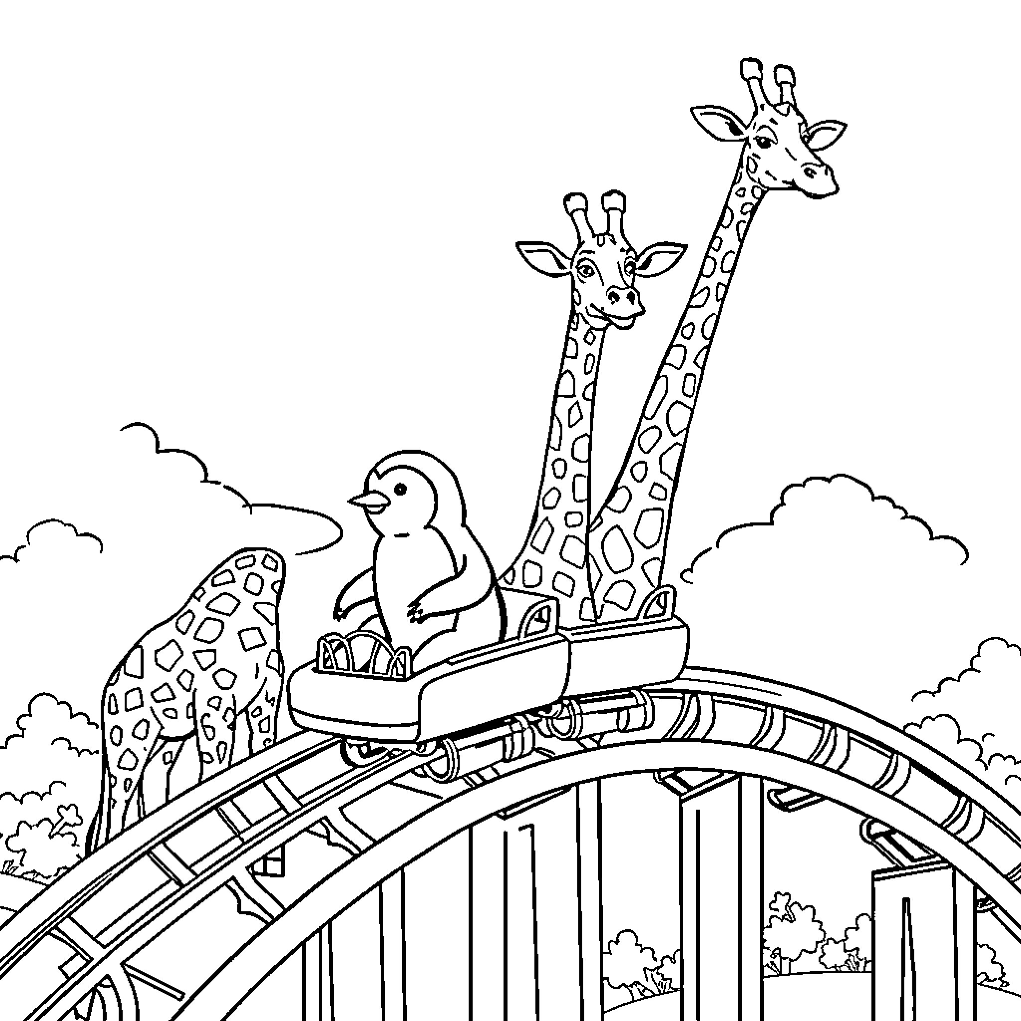 Penguins and Giraffes on a Roller Coaster Coloring Page (free black-and-white line drawing printable PDF for all, from beginners to advanced learners, including children, teens, adults, and seniors)