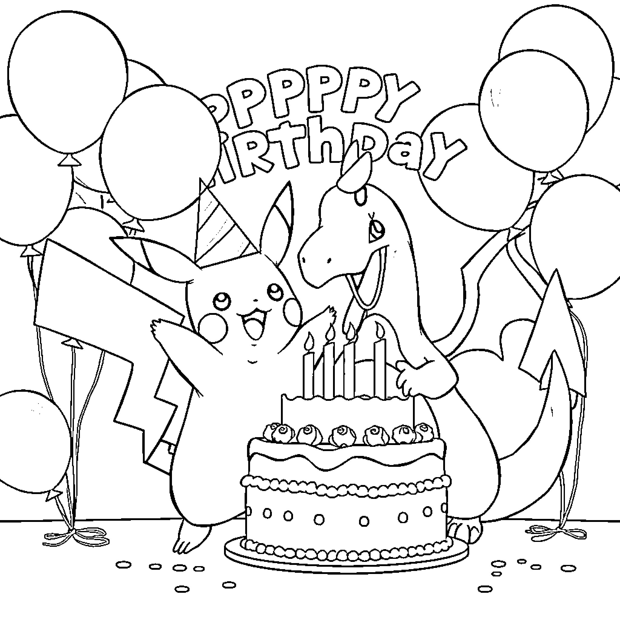 Pikachu celebrates its birthday with balloons and cake Coloring Page (free black-and-white line drawing printable PDF for all, from beginners to advanced learners, including children, teens, adults, and seniors)