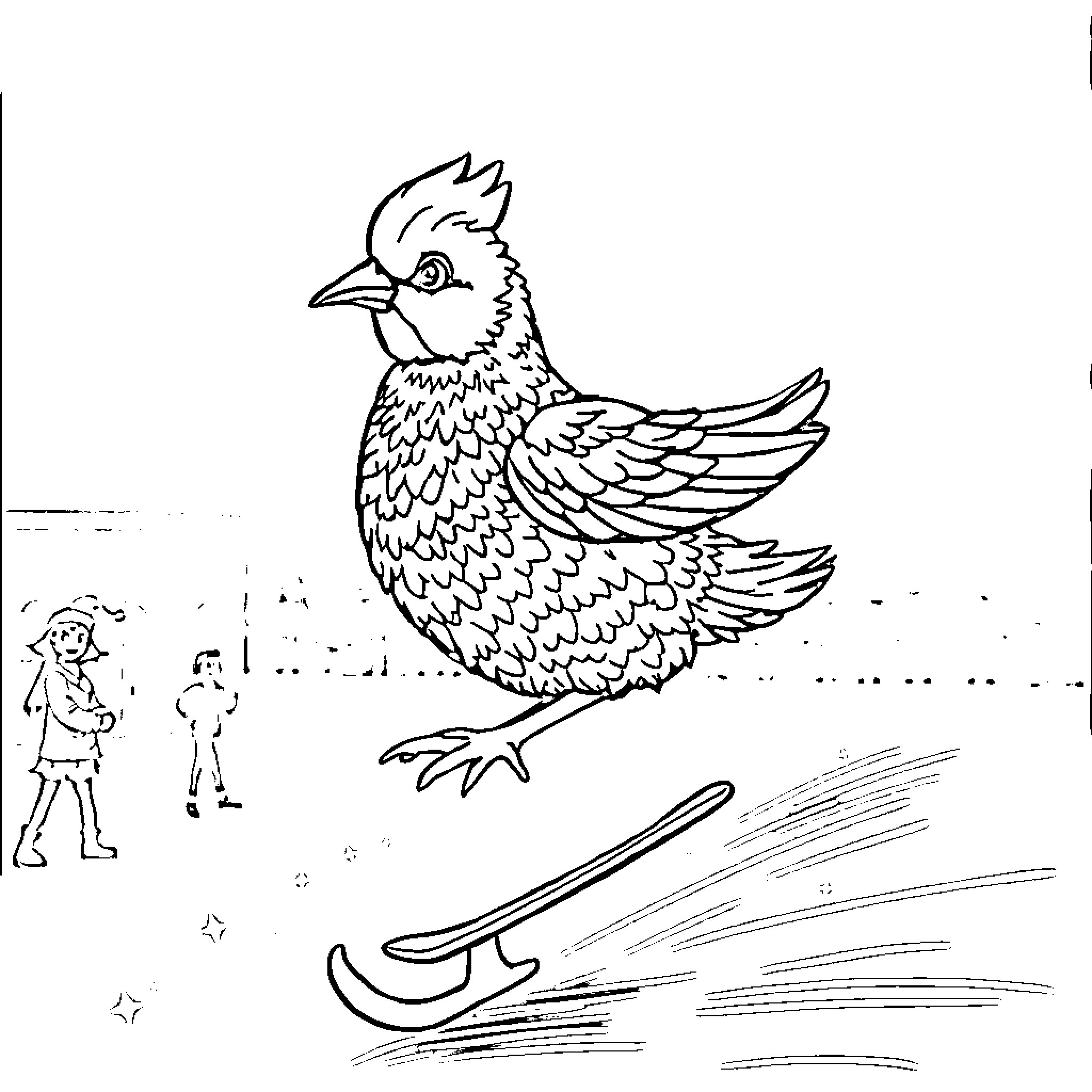 Poule playing in a winter wonderland Coloring Page (free black-and-white line drawing printable PDF for all, from beginners to advanced learners, including children, teens, adults, and seniors)