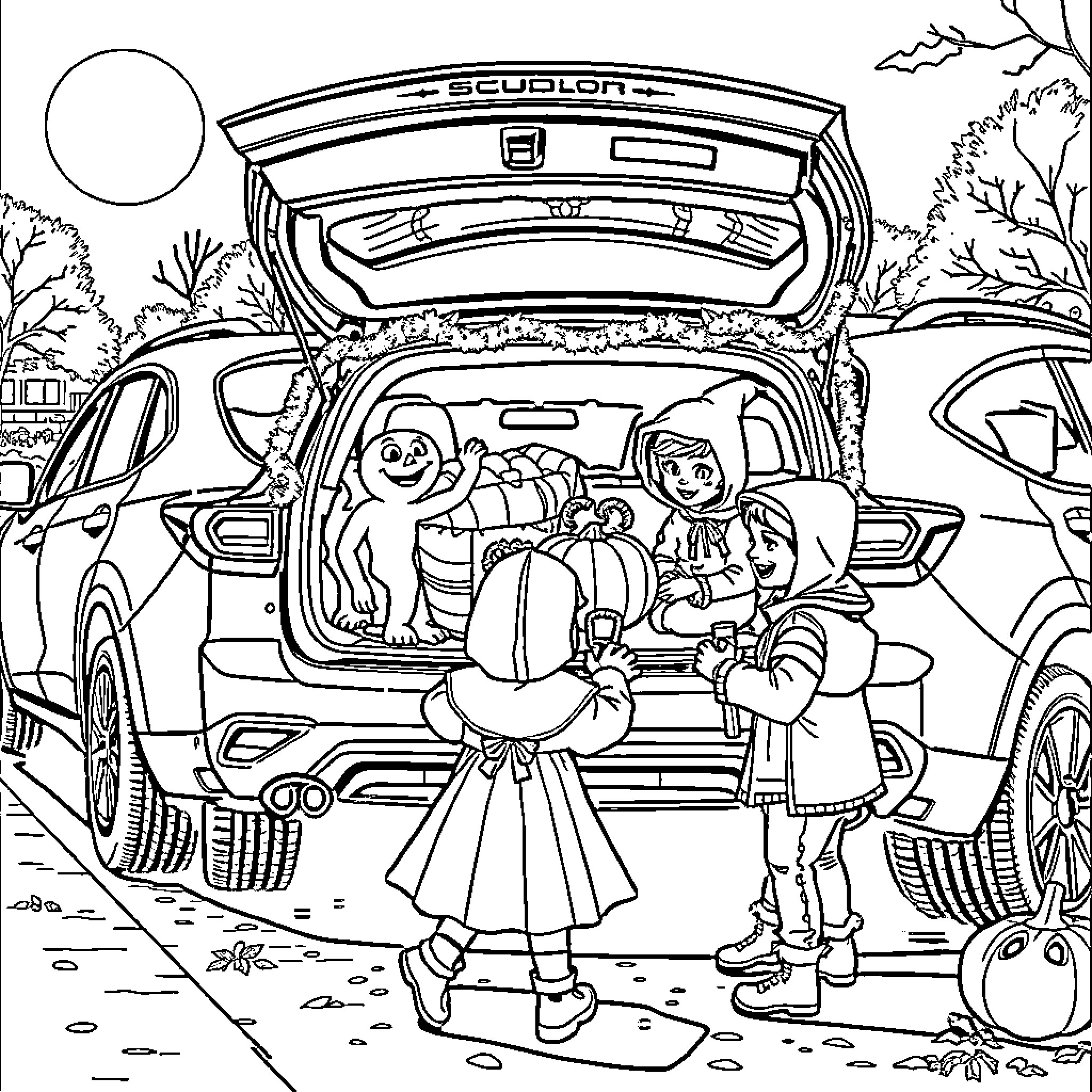 Civil Engineer Family Enjoying Road Trip in Scenic Outdoors Coloring Page (free black-and-white line drawing printable PDF for all, from beginners to advanced learners, including children, teens, adults, and seniors)