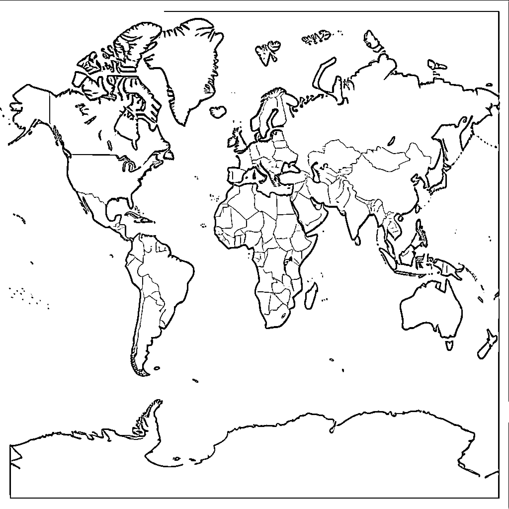 World Map showing various continental outlines and borders Coloring Page (free black-and-white line drawing printable PDF for all, from beginners to advanced learners, including children, teens, adults, and seniors)