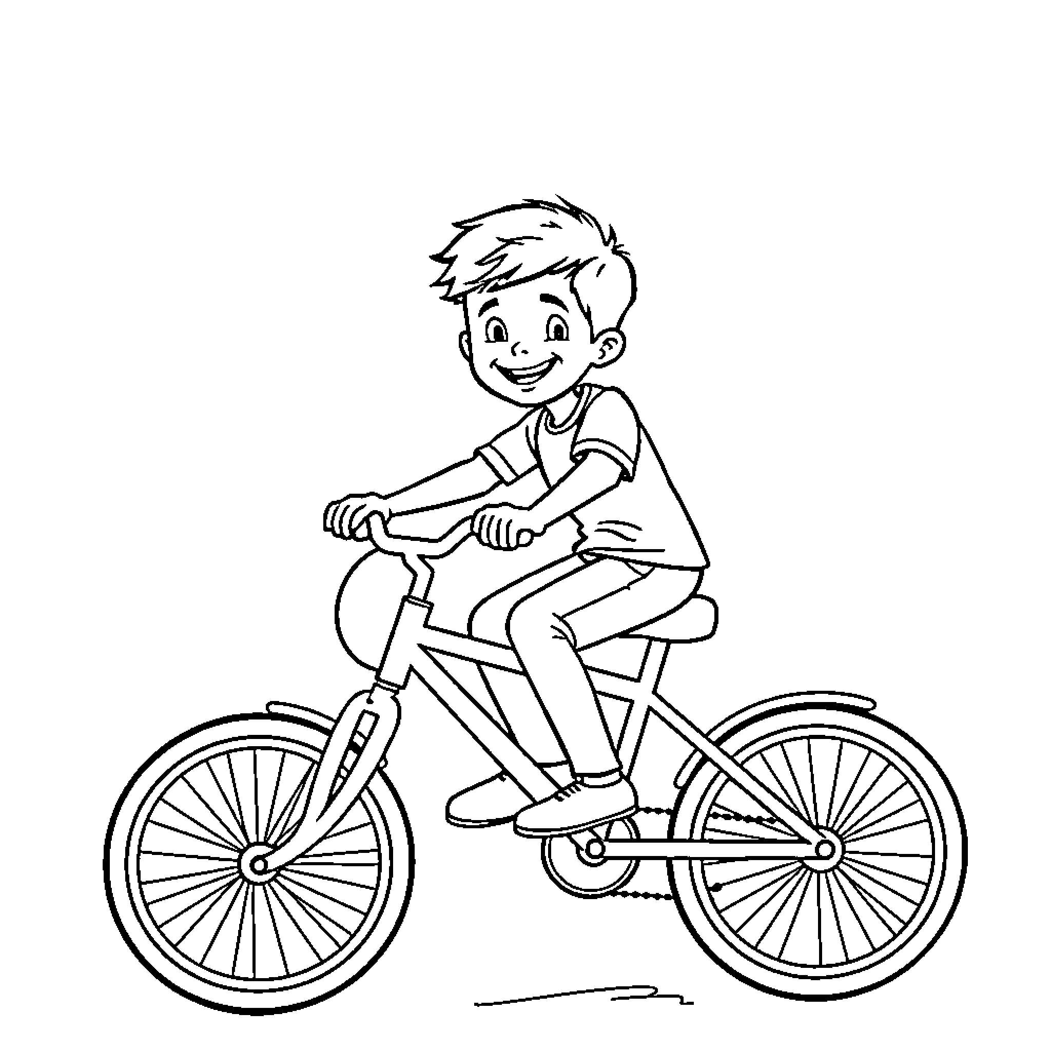 Boy riding a bicycle happily Coloring Page (free black-and-white line drawing printable PDF for all, from beginners to advanced learners, including children, teens, adults, and seniors)