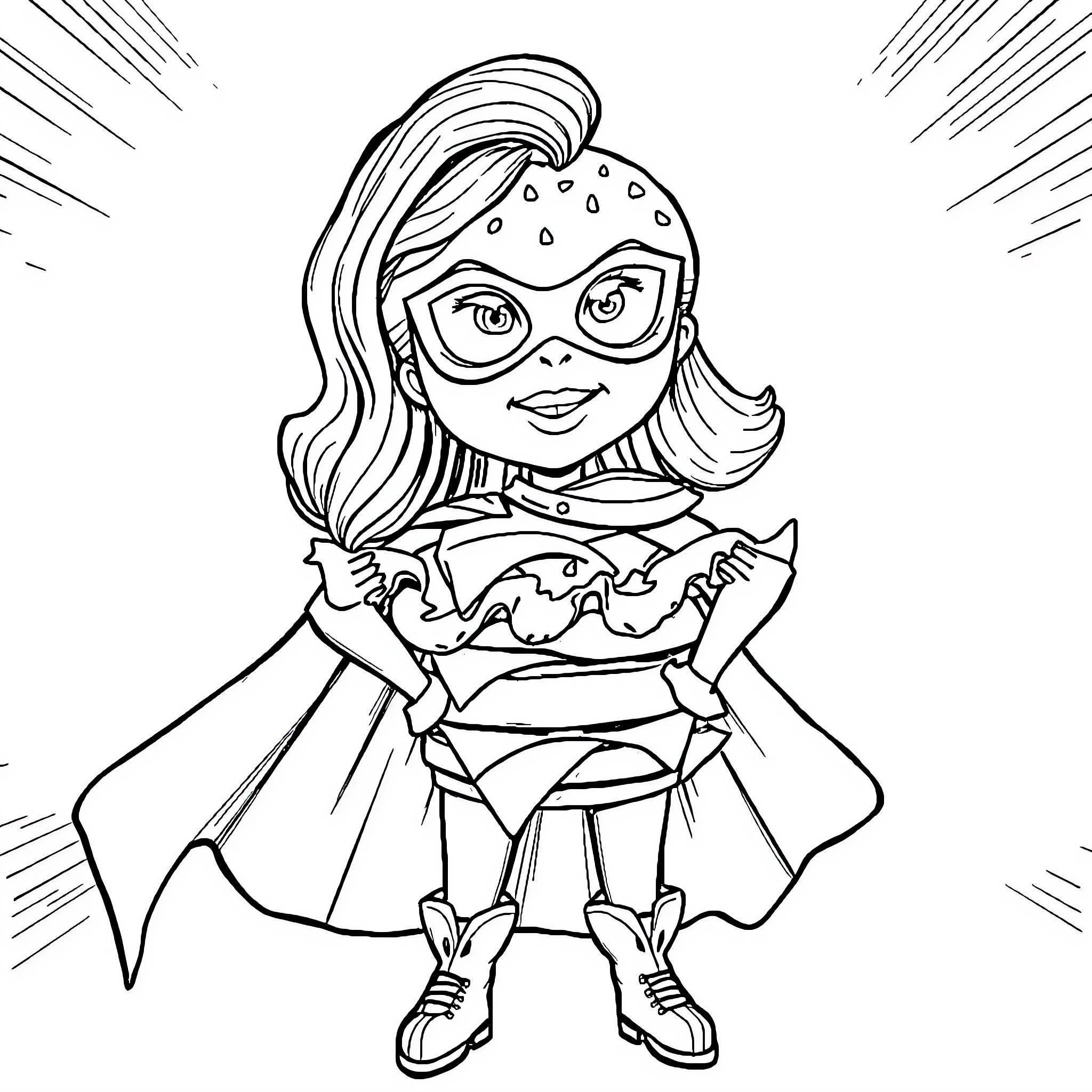 Hamburger superhero girl in action pose Coloring Page (free black-and-white line drawing printable PDF for all, from beginners to advanced learners, including children, teens, adults, and seniors)