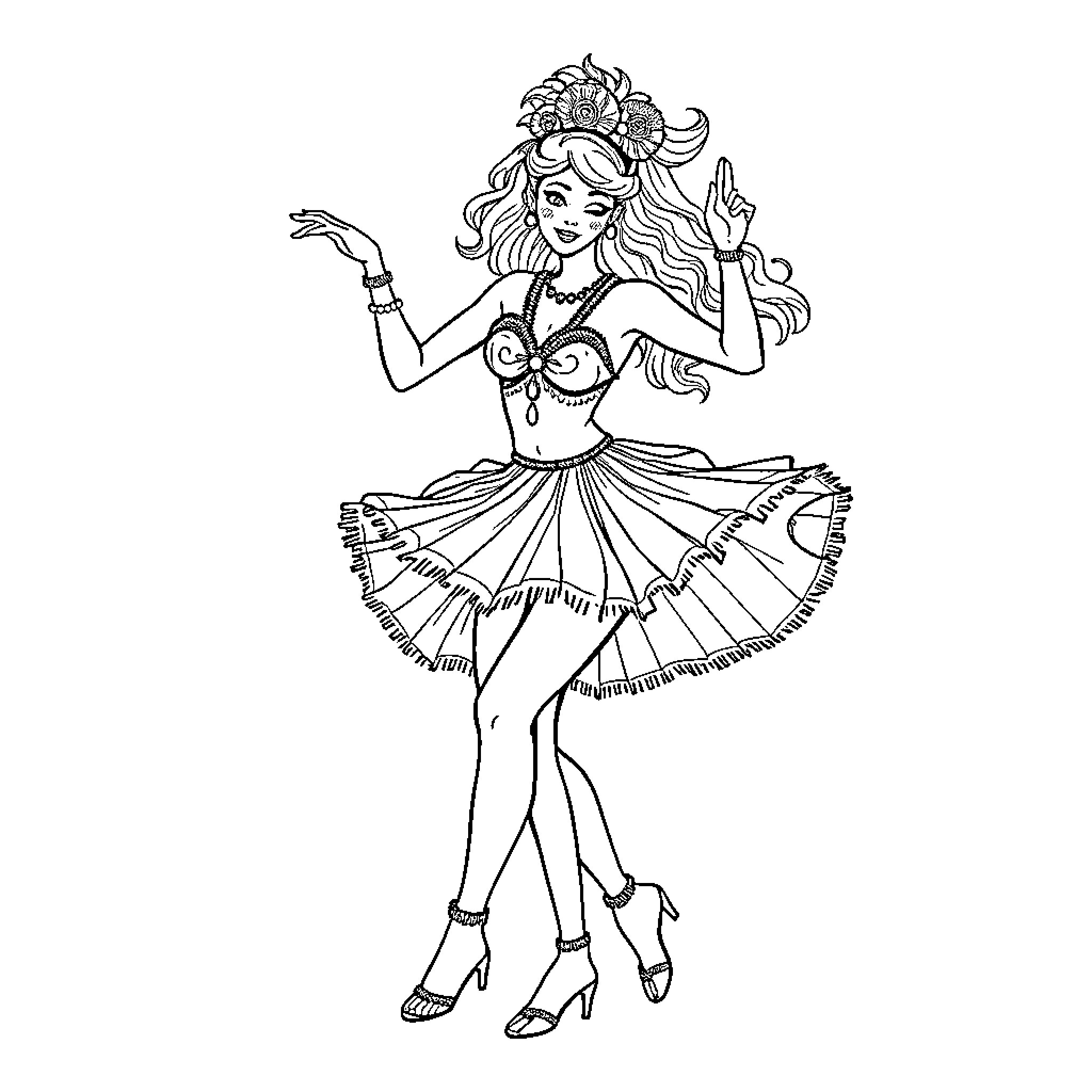 Samba Dancer in Vibrant Costume and Pose Coloring Page (free black-and-white line drawing printable PDF for all, from beginners to advanced learners, including children, teens, adults, and seniors)