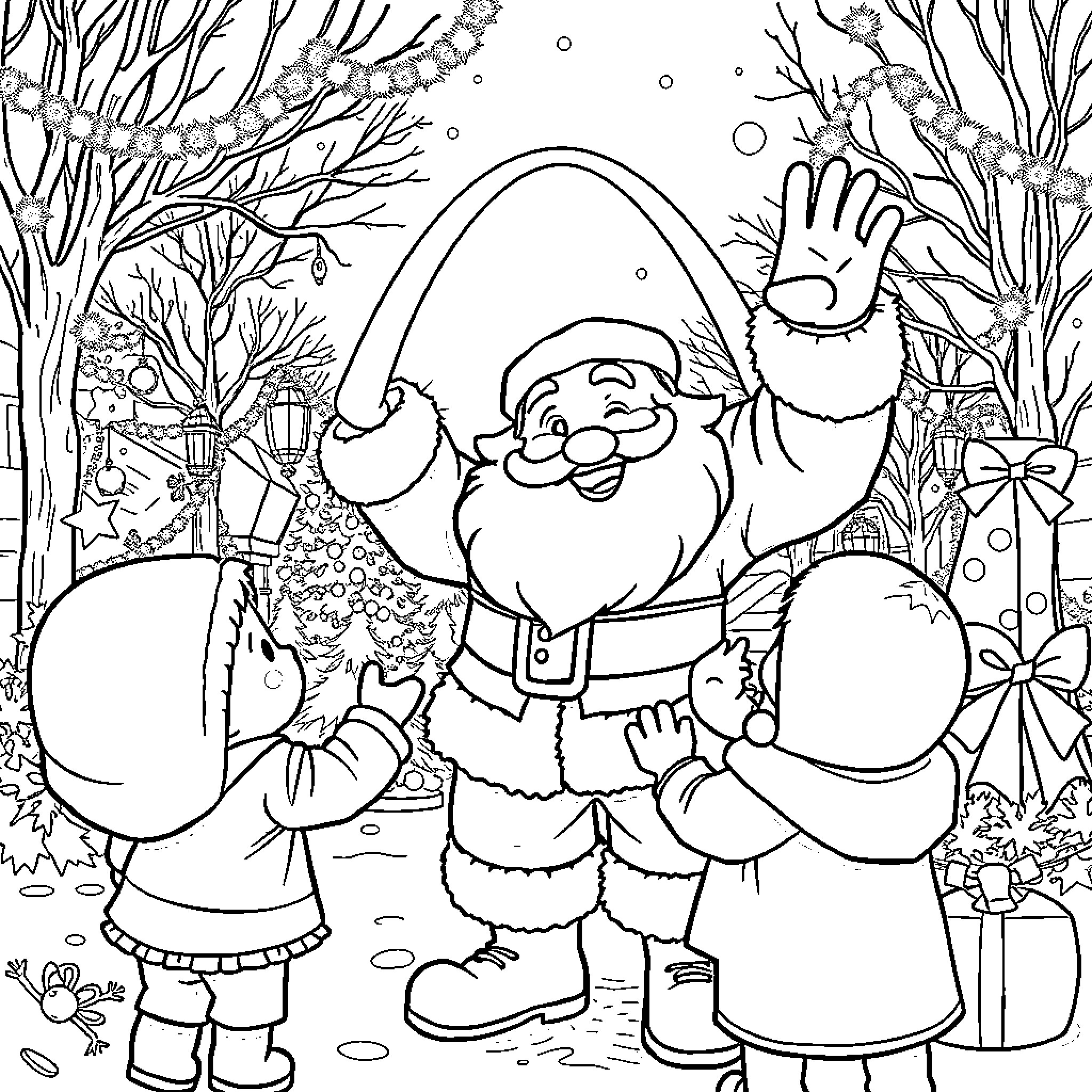Santa Claus Spreading Holiday Cheer with Children Coloring Page (free black-and-white line drawing printable PDF for all, from beginners to advanced learners, including children, teens, adults, and seniors)
