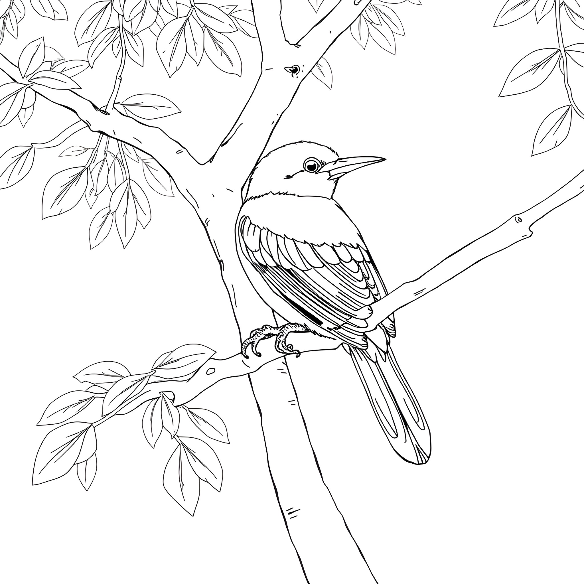 Passerina Cyanea: Beautiful Bird in Lush Foliage Coloring Page (free black-and-white line drawing printable PDF for all, from beginners to advanced learners, including children, teens, adults, and seniors)