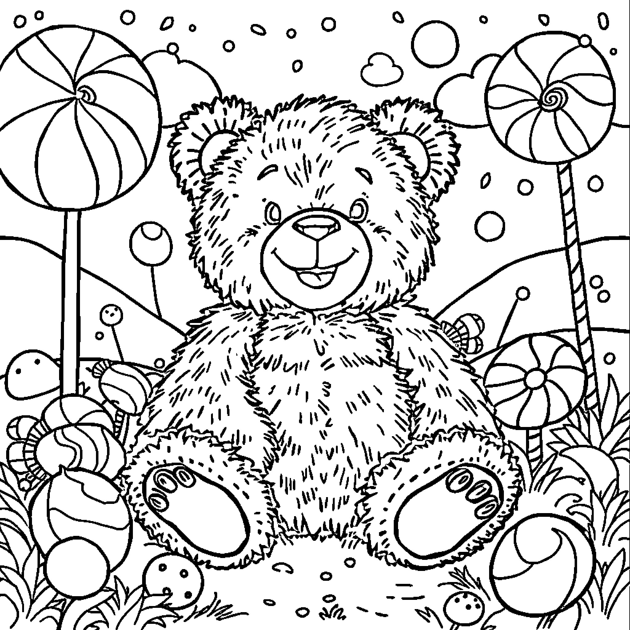 Teddy Bear enjoying playful flowers and toys Coloring Page (free black-and-white line drawing printable PDF for all, from beginners to advanced learners, including children, teens, adults, and seniors)