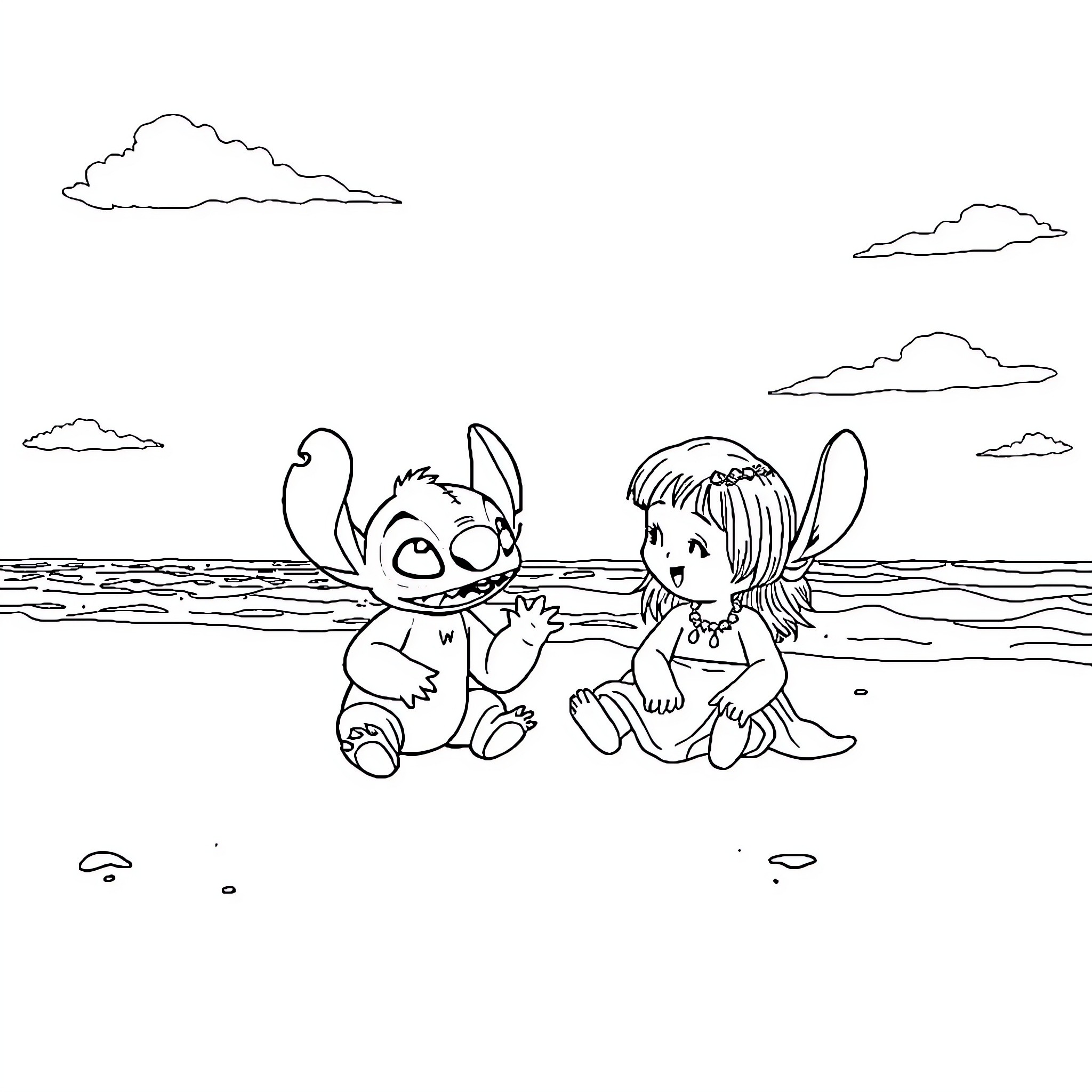 Lilo playing with her alien friend on the beach Coloring Page (free black-and-white line drawing printable PDF for all, from beginners to advanced learners, including children, teens, adults, and seniors)
