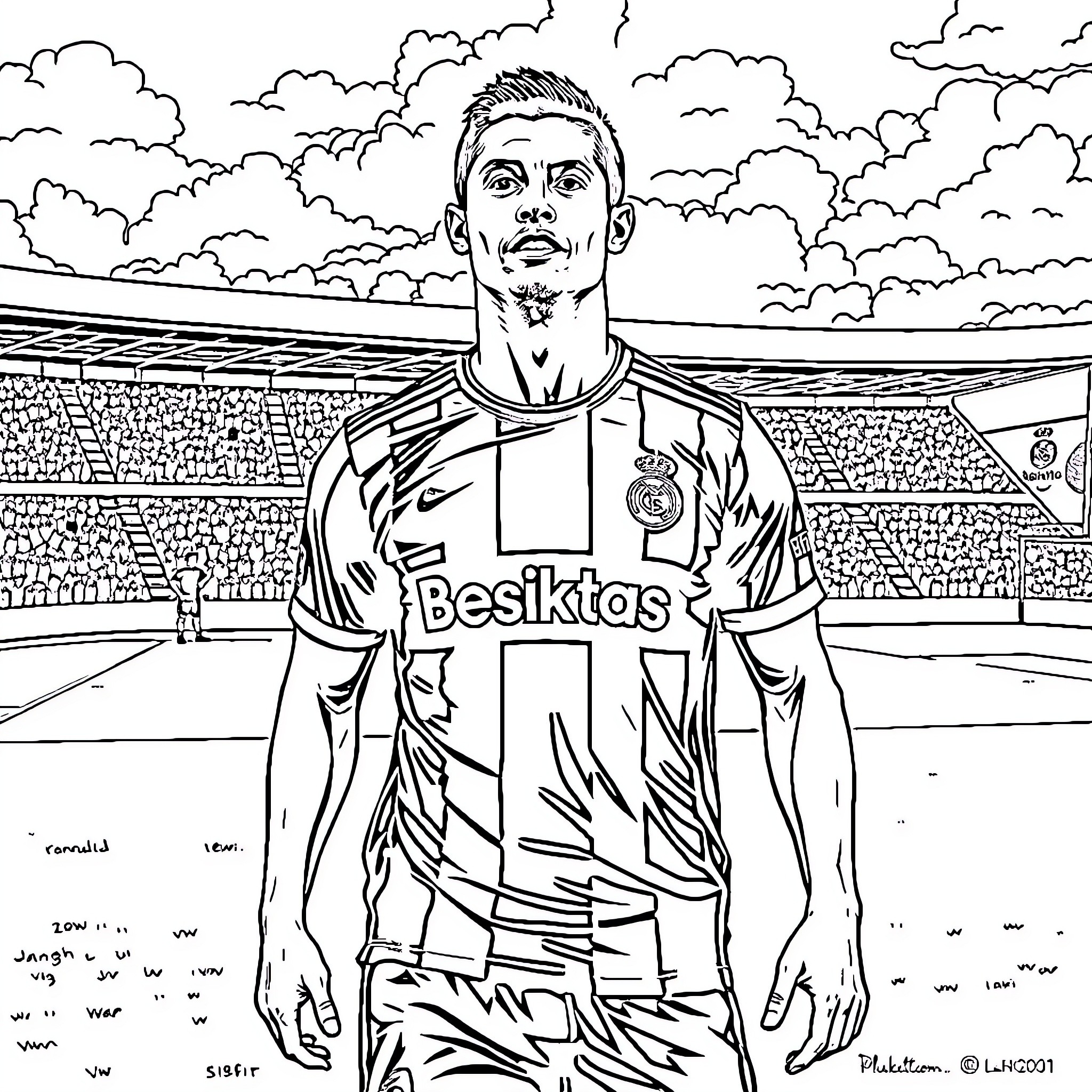 Cristiano Ronaldo in Besiktas jersey on the field Coloring Page (free black-and-white line drawing printable PDF for all, from beginners to advanced learners, including children, teens, adults, and seniors)