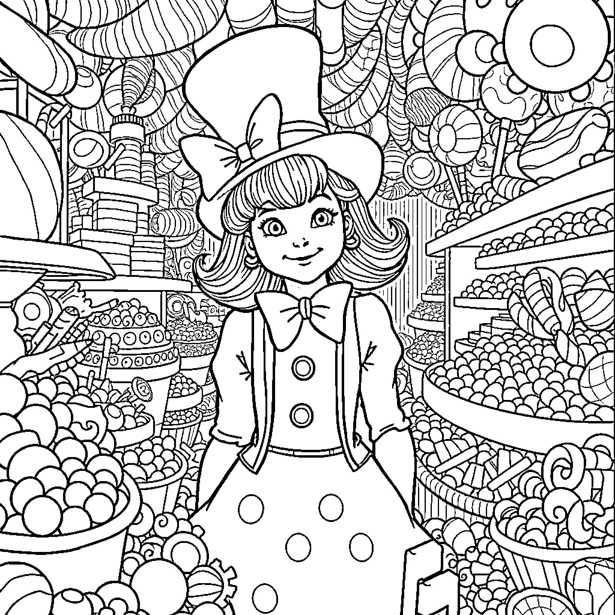 Violet's Whimsical Adventure in a Vibrant World Coloring Page (free black-and-white line drawing printable PDF for all, from beginners to advanced learners, including children, teens, adults, and seniors)