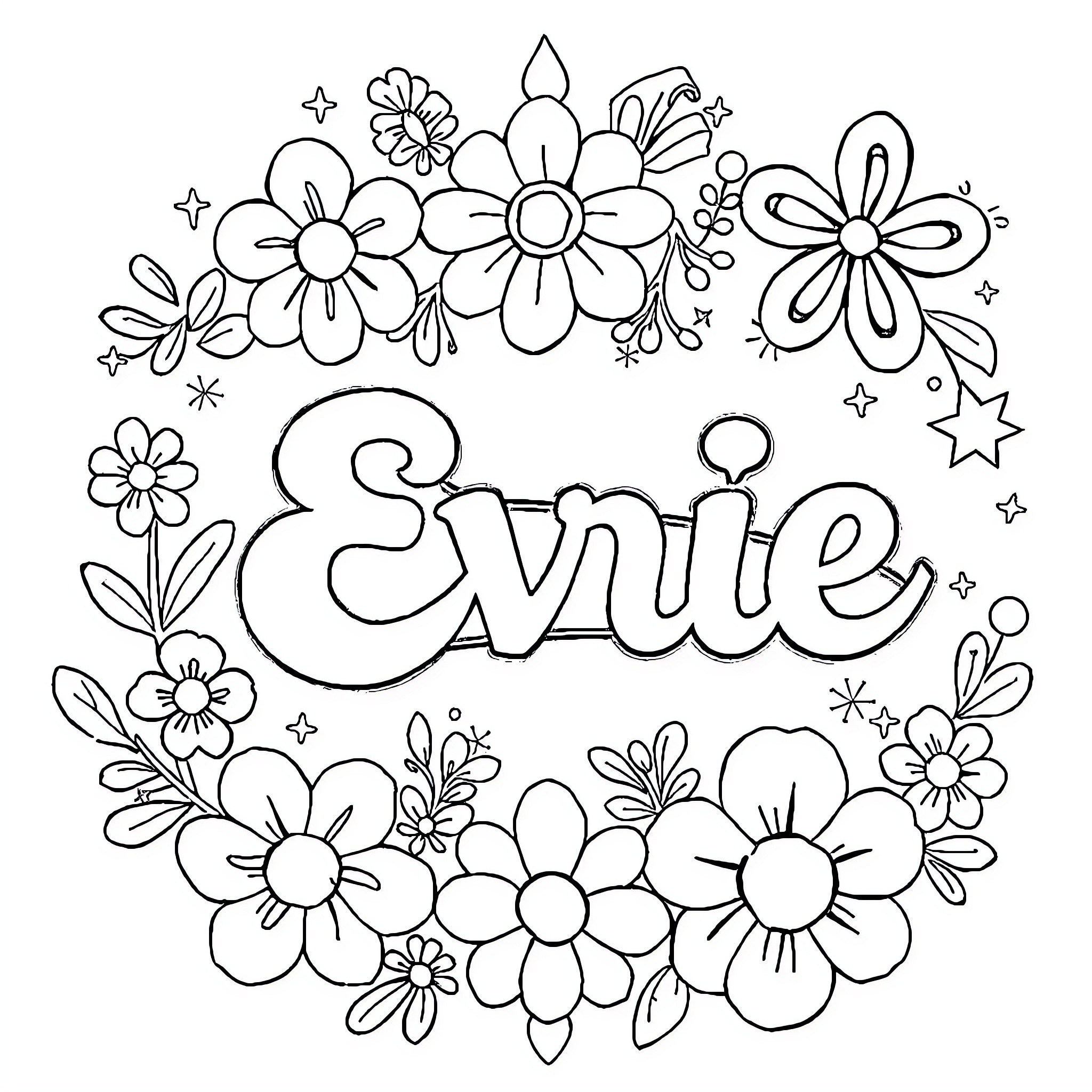 Evie's Floral Delight Coloring Page (free black-and-white line drawing printable PDF for all, from beginners to advanced learners, including children, teens, adults, and seniors)