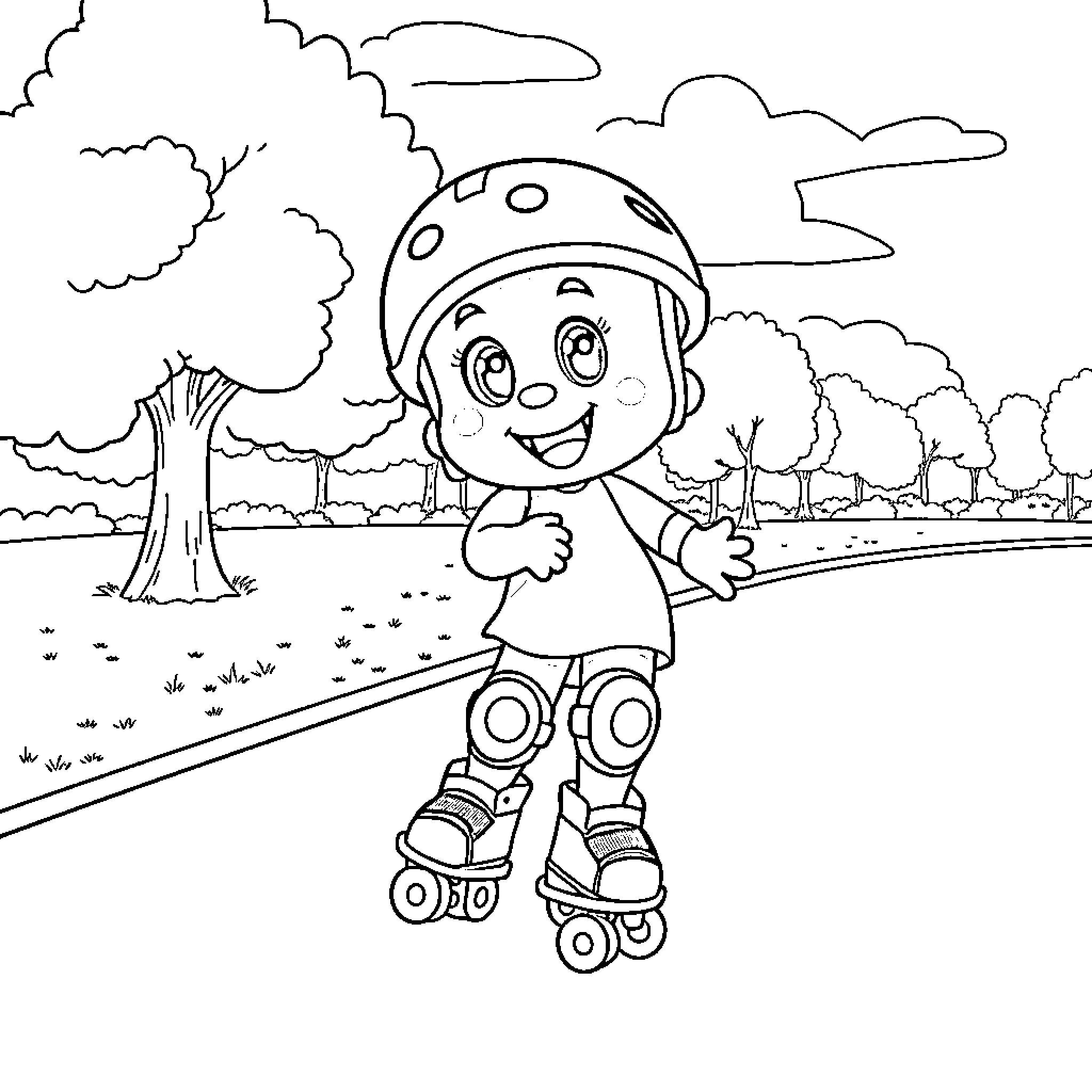 Bluey enjoying a rollerblading adventure in the park Coloring Page (free black-and-white line drawing printable PDF for all, from beginners to advanced learners, including children, teens, adults, and seniors)