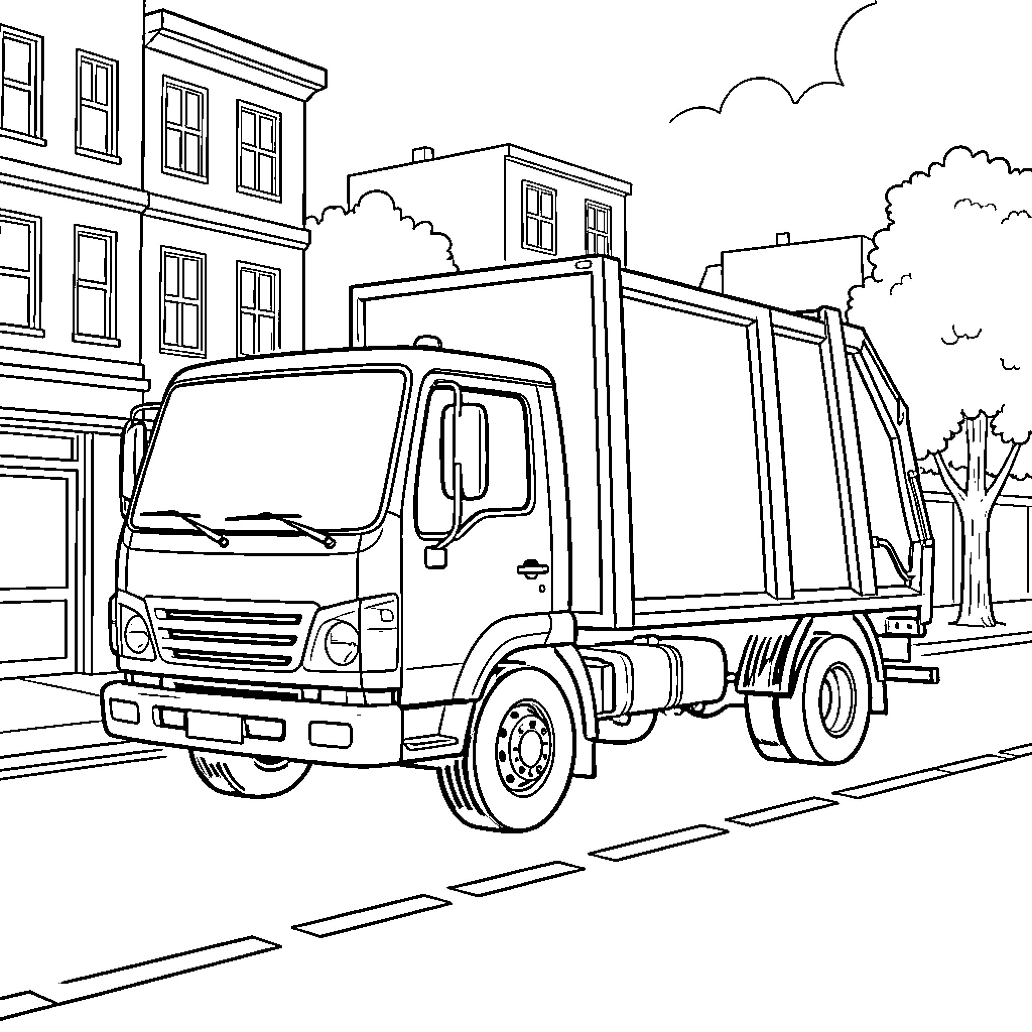 Garbage Truck on City Street Coloring Page (free black-and-white line drawing printable PDF for all, from beginners to advanced learners, including children, teens, adults, and seniors)