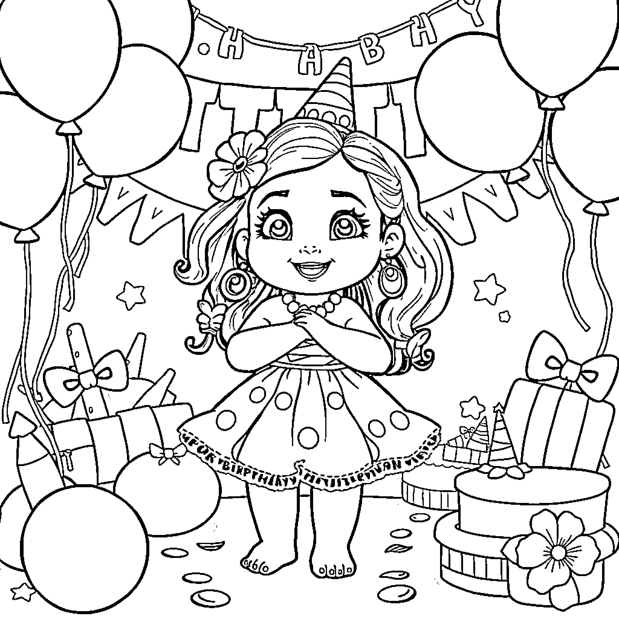 Moana's Festive Birthday Celebration Coloring Page (free black-and-white line drawing printable PDF for all, from beginners to advanced learners, including children, teens, adults, and seniors)