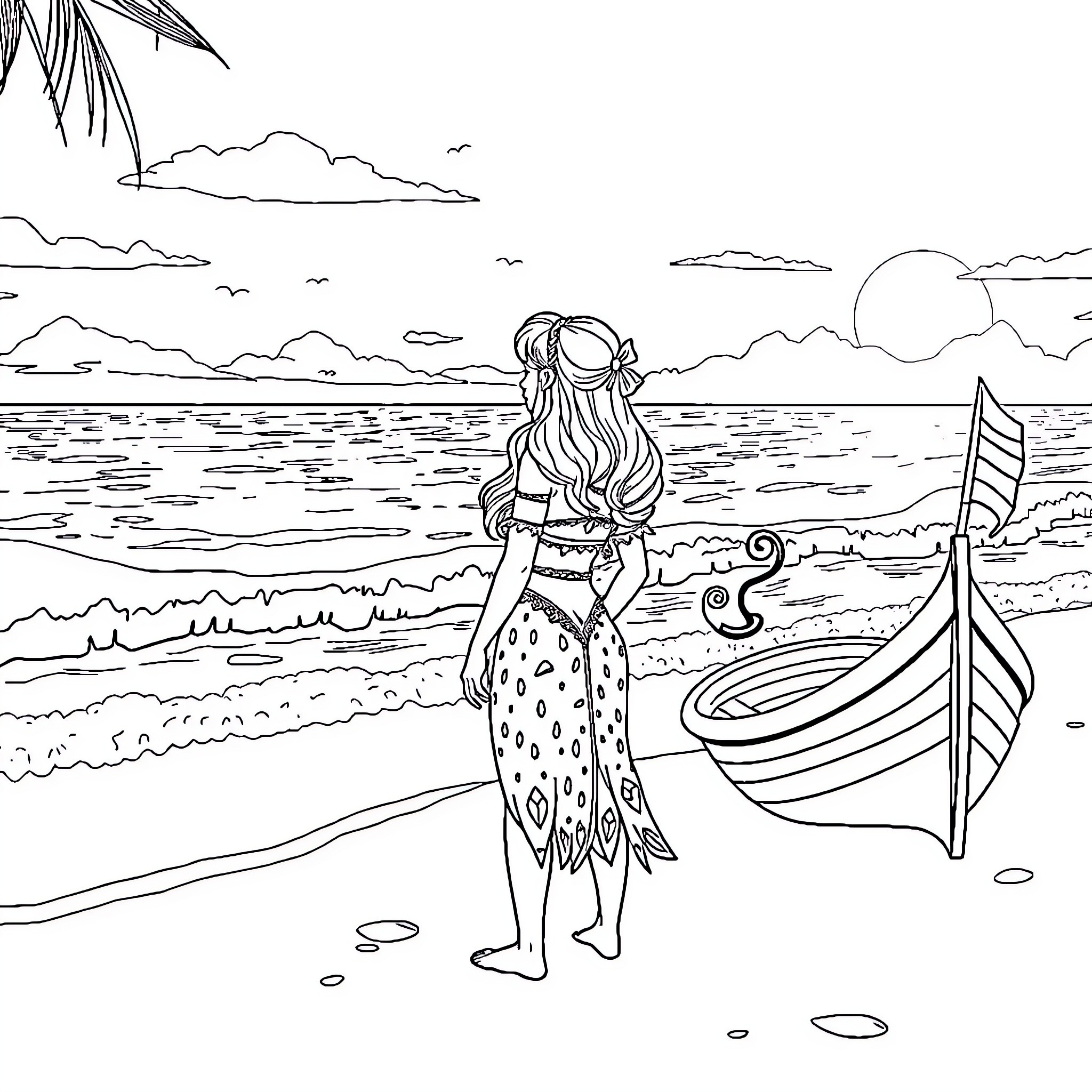 Vaiana exploring the tropical seascape Coloring Page (free black-and-white line drawing printable PDF for all, from beginners to advanced learners, including children, teens, adults, and seniors)