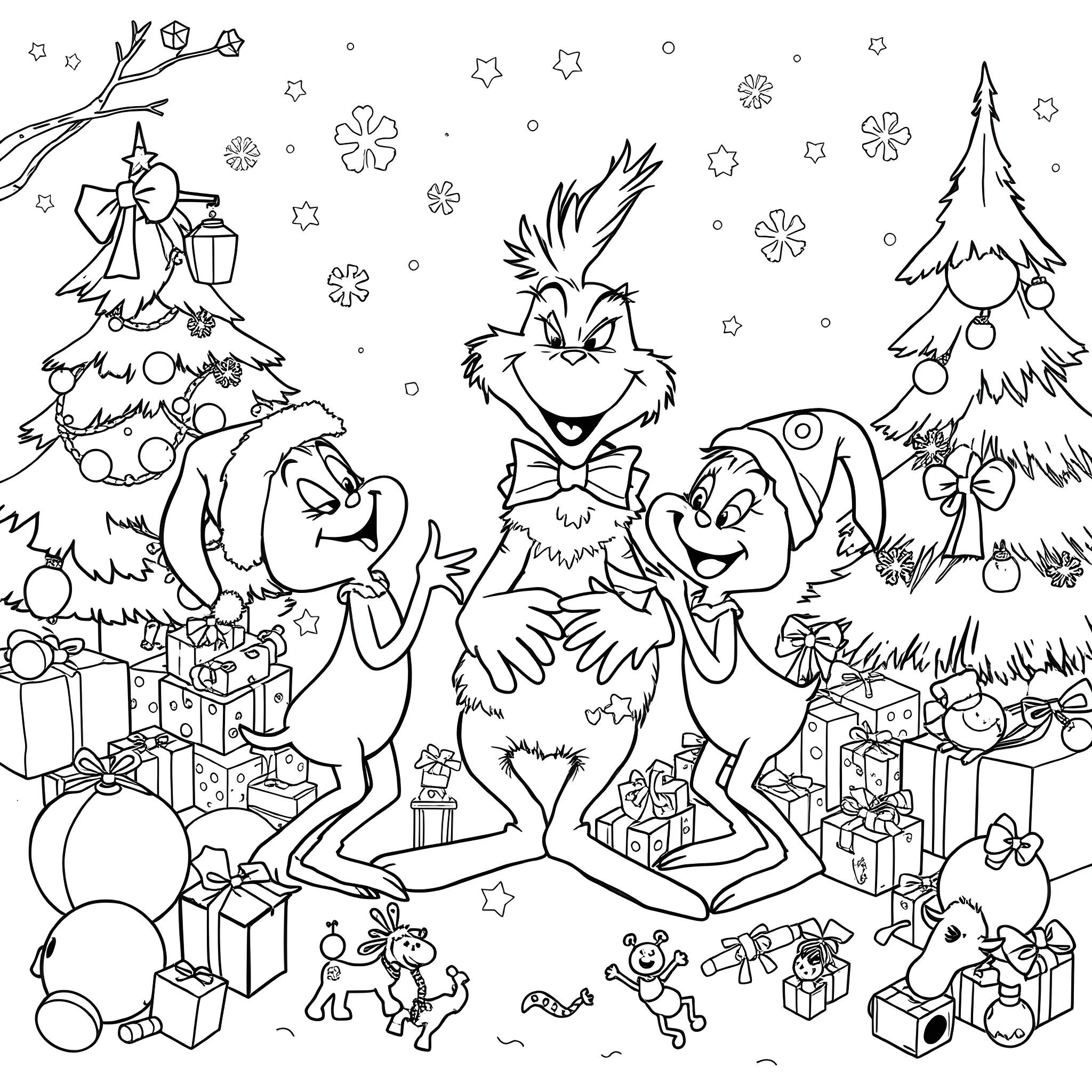 Bluey and Friends Celebrate the Holidays Coloring Page (free black-and-white line drawing printable PDF for all, from beginners to advanced learners, including children, teens, adults, and seniors)
