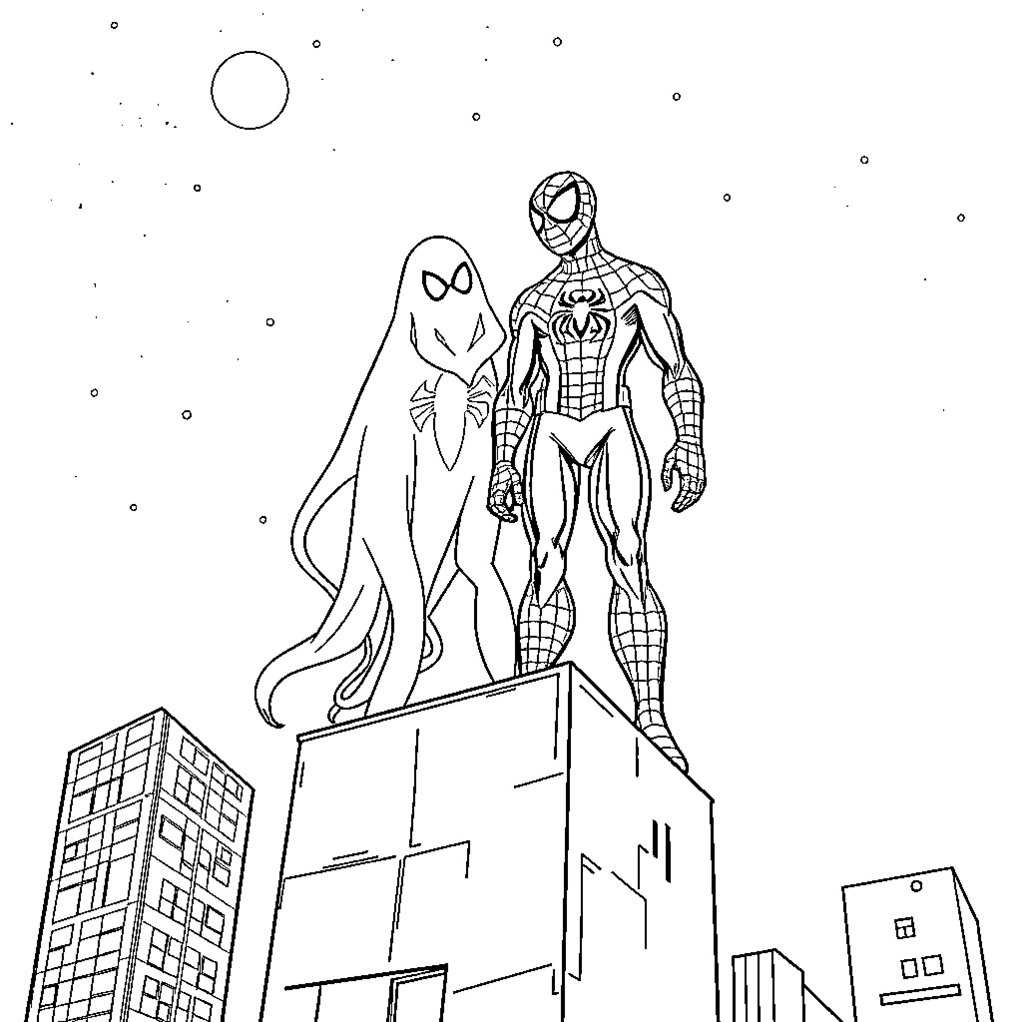 Spider-Man and Ghost Swinging over City Skyline Coloring Page (free black-and-white line drawing printable PDF for all, from beginners to advanced learners, including children, teens, adults, and seniors)